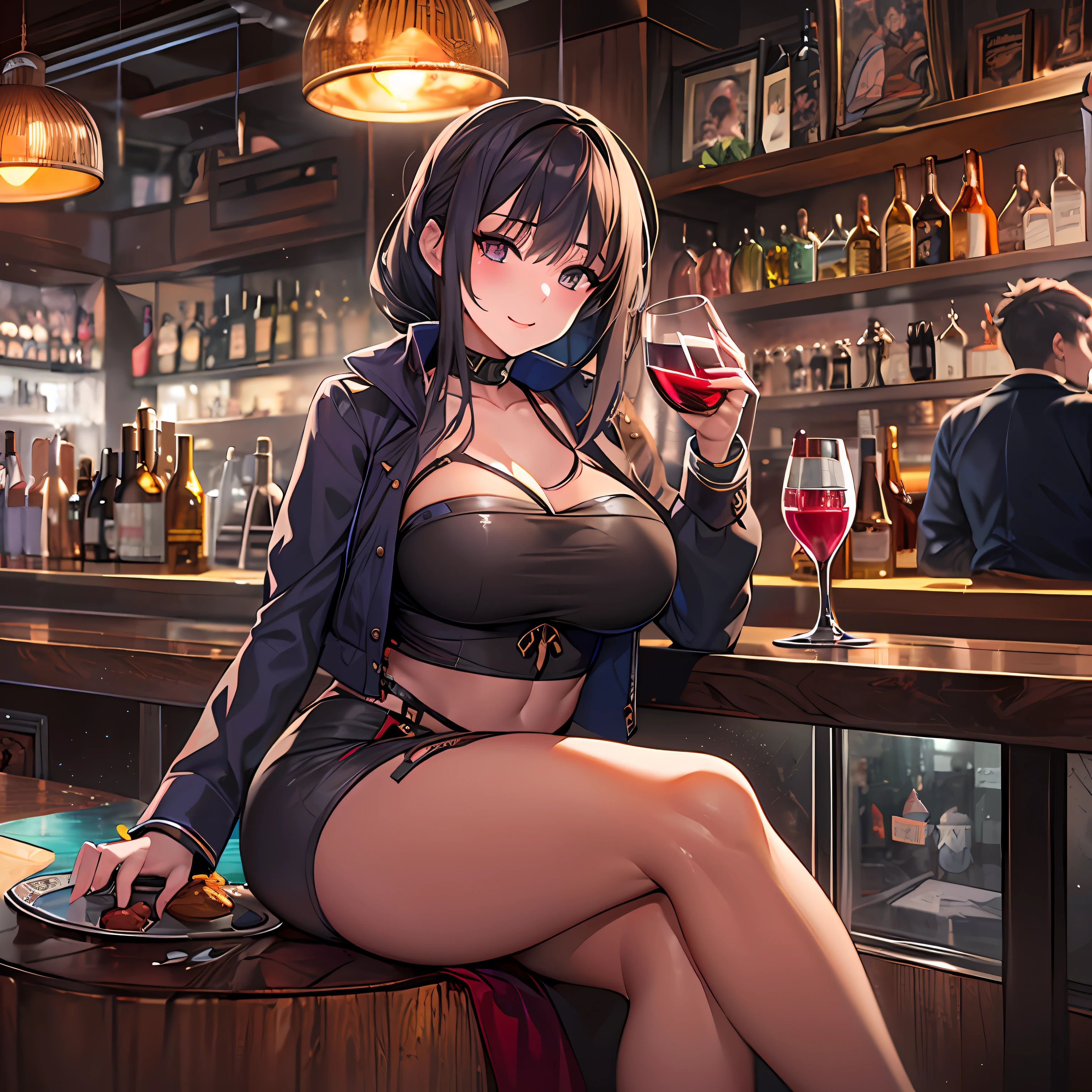 （Masterpiece), (Best quality), (Ultra-detailed), anime girl with big boo posing in a bar with a glass of wine, seductive anime girl, at a bar, oppai cyberpunk, in a bar, oppai, best anime 4k konachan wallpaper, breasts covered and sfw, attractive anime girl, badass anime 8 k, beautiful alluring anime woman, sitting at the bar, big breasts! . (Photorealistic)), ((Fantastic background)), Ultra-realistic, Ultra-detailed, Ultra HD plus 16K resolution