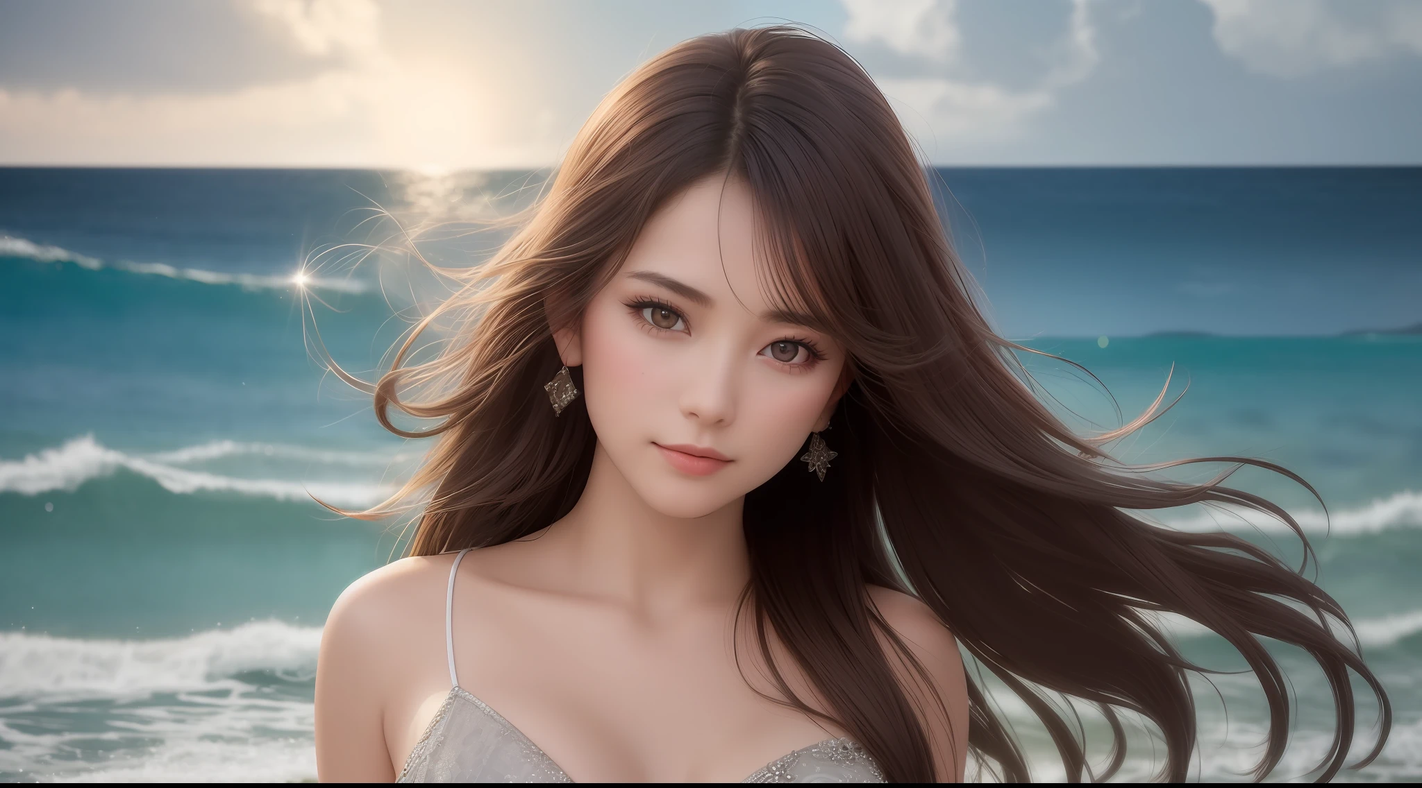 best quality, masterpiece, solo, high_res,1 beautiful woman 20 years younger, perfect body, center, hair decoration, pretty face, light makeup, Tyndall effect, realistic photo, dark studio, daylight, clear, inshore sea, beautiful, hawaiian island scene, clear blue sea, wet body, (high detail skin: 1.2), 8k uhd, dslr, studio light, high quality , photo, high resolution, 8k, bokeh.