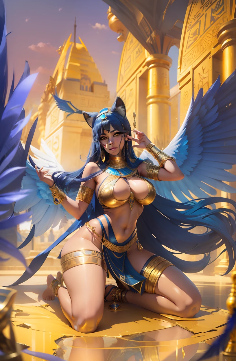 Egyptian sexy goddess, blue hair, big cat ears, yellow eyes, blue wings, Egyptian style, sexy, big breast, perfect body, Gold, Luxurious theme, sensuality, face detail, Masterpiece, best quality, ultra detail, High resolution, 8k, UHD, ultra realistic, Amazing, Beautiful goddess,