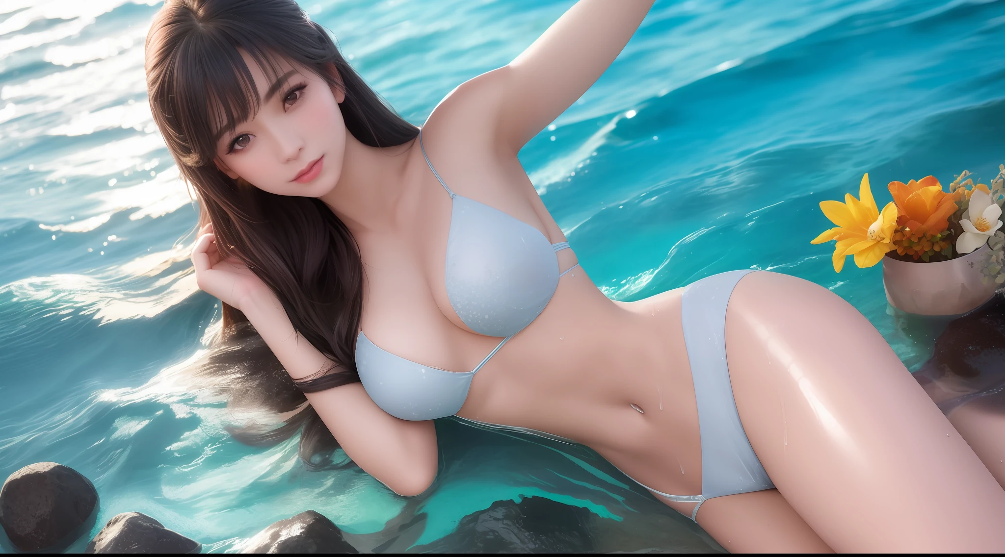 best quality, masterpiece, solo, high_res,1 beautiful woman 20 years younger, perfect body, center, hair decoration, pretty face, light makeup, Tyndall effect, realistic photo, dark studio, daylight, clear, inshore sea, beautiful, hawaiian island scene, clear blue sea, wet body, (high detail skin: 1.2), 8k uhd, dslr, studio light, high quality , photo, high resolution, 8k, bokeh.