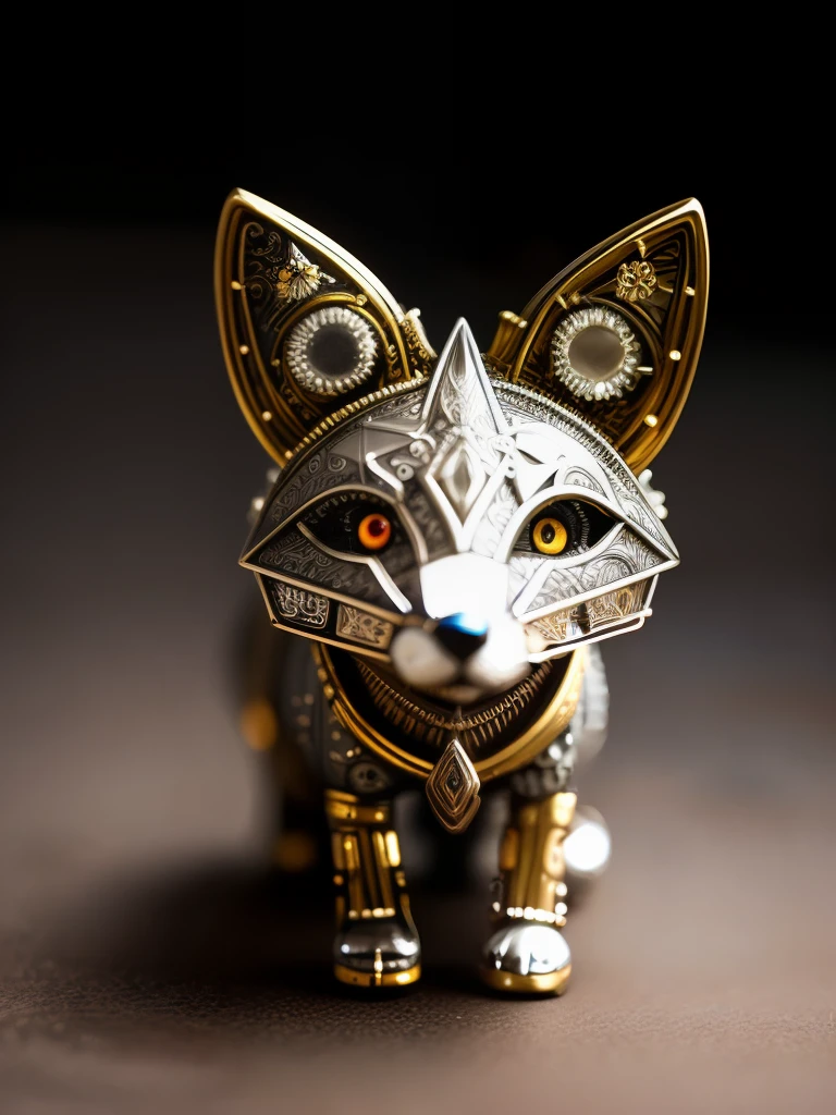 a cute fox made out of metal, (cyborg:1.1), ([tail | detailed wire]:1.3), (intricate details), hdr, (intricate details, hyperdetailed:1.2), cinematic shot, vignette, centered