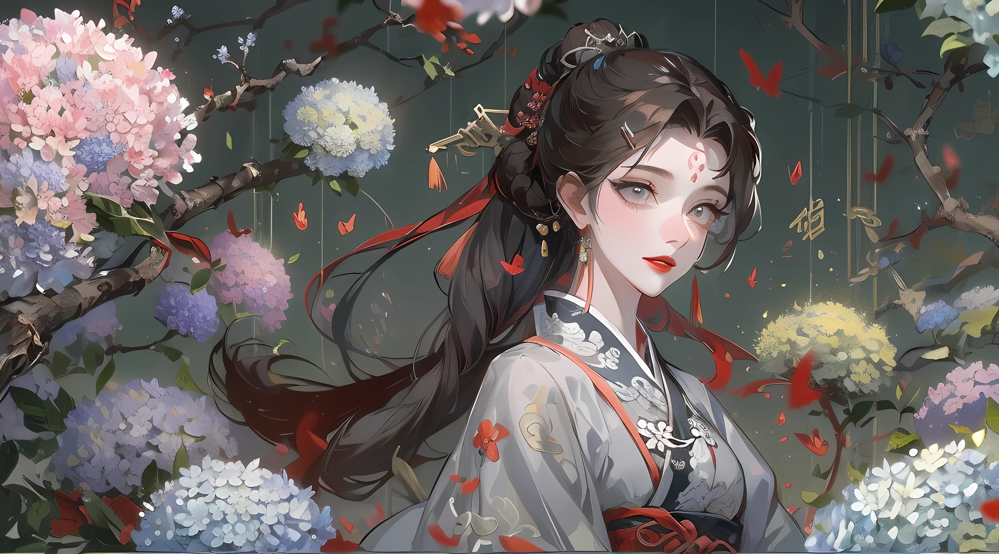 Masterpiece, Superb Product, Night, Full Moon, 1 Woman, Mature Woman, Chinese Style, Antique Chinese, Sister, Royal Sister, Smile, Brunette Hair, Updo, Red Lips, Calm, Intellectual, Hairpin, Hair Flower, Detailed Facial Details, Detailed Eyes, Full Body, Gray Eyes, Long Hair, Hydrangeas