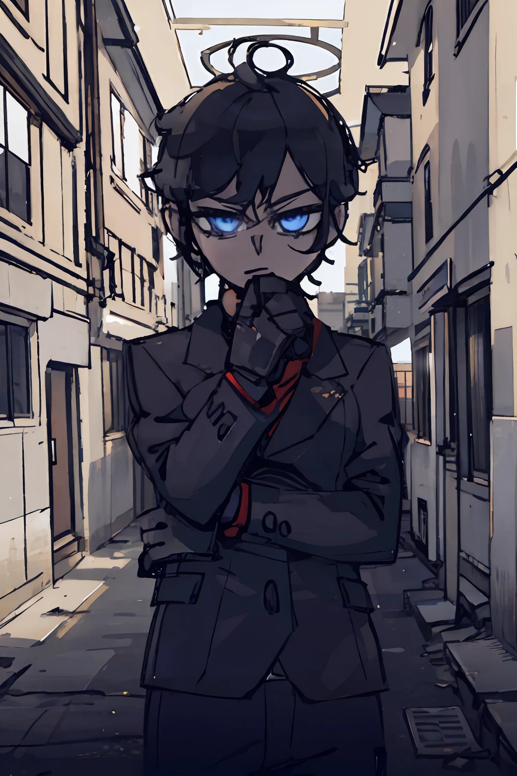 1boy, Short brown hair, blue eyes, wearing winter coats, abandoned building, high res, ultrasharp 8K, master piece, looking at viewer, expressionless