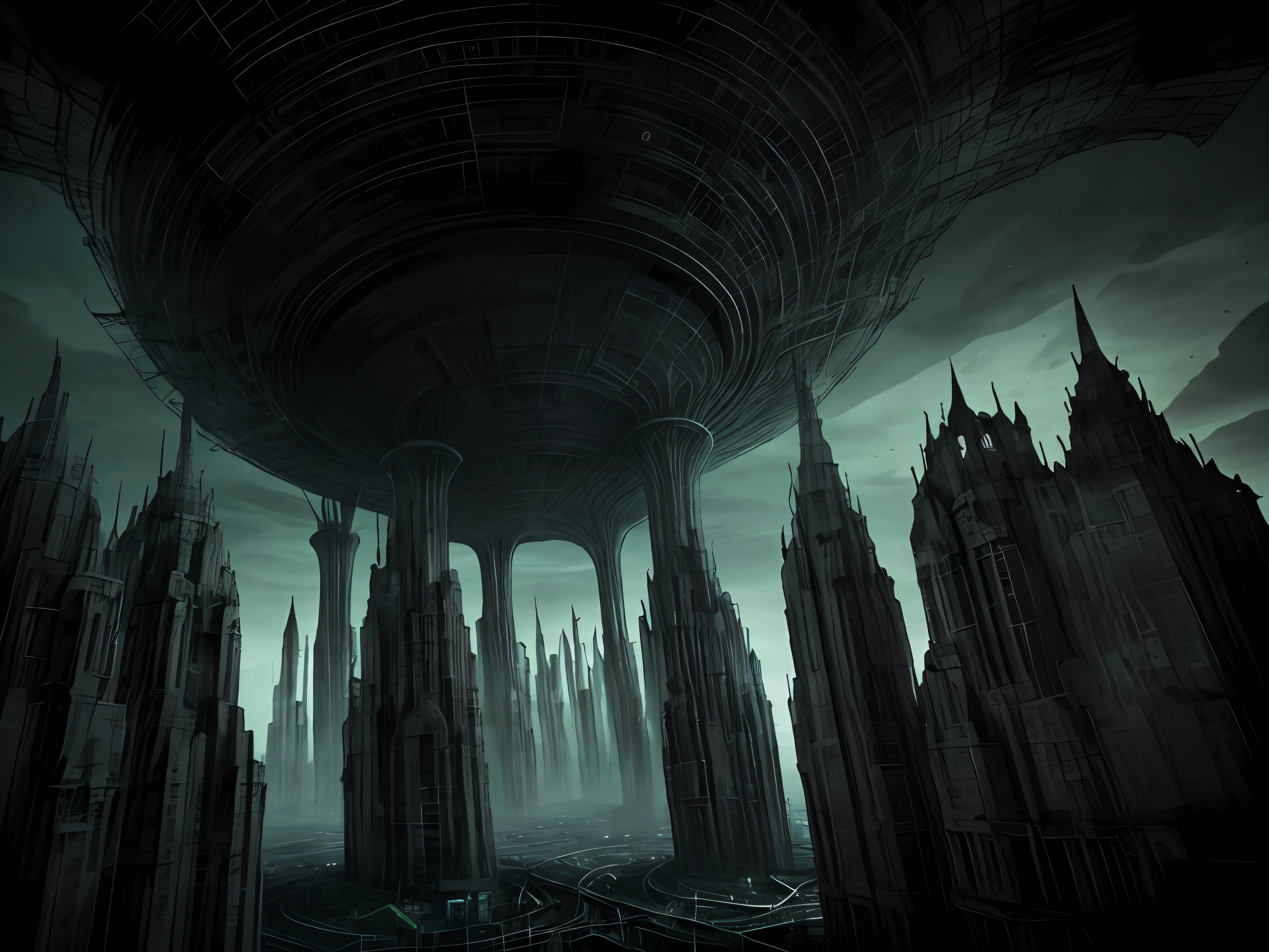 surreal architecture, Towers in the sky loom in the sky, Cinematic texture,Magical world,Alien invasion
Parallel universes