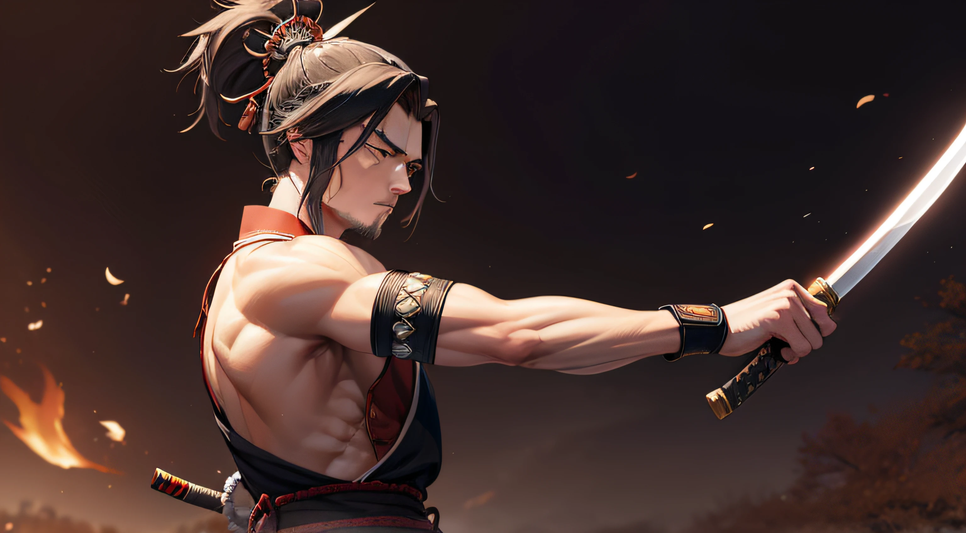 In this captivating portrayal, Miyamoto Musashi, the legendary Japanese swordsman and philosopher, stands with an air of stoic determination. His attire reflects the traditional clothing of a samurai, while his hands rest confidently on the hilt of his katana. Musashi's piercing gaze exudes wisdom and inner strength, a testament to his unparalleled mastery of martial arts and profound understanding of the way of the sword. This powerful image captures the essence of Musashi's legendary status and his unwavering commitment to self-discipline and the pursuit of excellence. It invites viewers to contemplate the principles of bushido and the path of a true warrior, inspiring admiration for the timeless legacy of Miyamoto Musashi.
