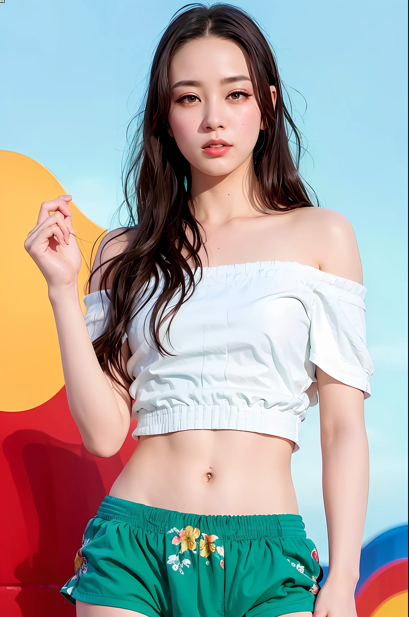 masterpiece, best quality, 1girl, aqua eyes, black hair, closed mouth, multicolored background, looking at viewer, outdoors, solo, upper body, alluring, clean, beautiful face, pure face, pale skin, sexy pose,((tube top, off shoulder, navel, shorts)), long hair, ((perfect female figure)), mature female, milf, narrow waist, chinese deity, seductive, highly detailed,best quality, masterpiece, highres, original, extremely detailed 8K wallpaper,masterpiece, best quality, illustration, beautifully detailed eyes, cinematic lighting,