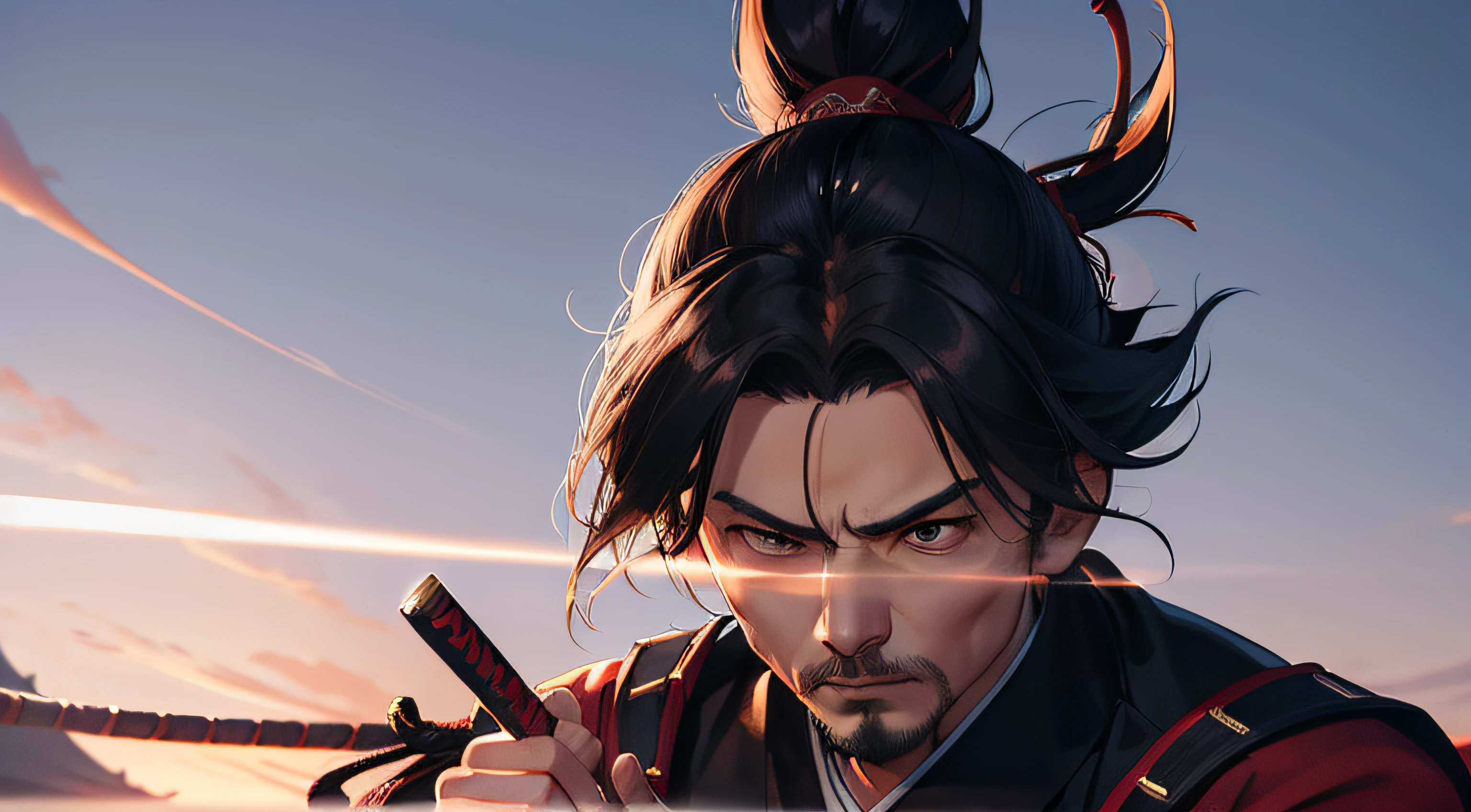 In this captivating portrayal, Miyamoto Musashi, the legendary Japanese swordsman and philosopher, stands with an air of stoic determination. His attire reflects the traditional clothing of a samurai, while his hands rest confidently on the hilt of his katana. Musashi's piercing gaze exudes wisdom and inner strength, a testament to his unparalleled mastery of martial arts and profound understanding of the way of the sword. This powerful image captures the essence of Musashi's legendary status and his unwavering commitment to self-discipline and the pursuit of excellence. It invites viewers to contemplate the principles of bushido and the path of a true warrior, inspiring admiration for the timeless legacy of Miyamoto Musashi.