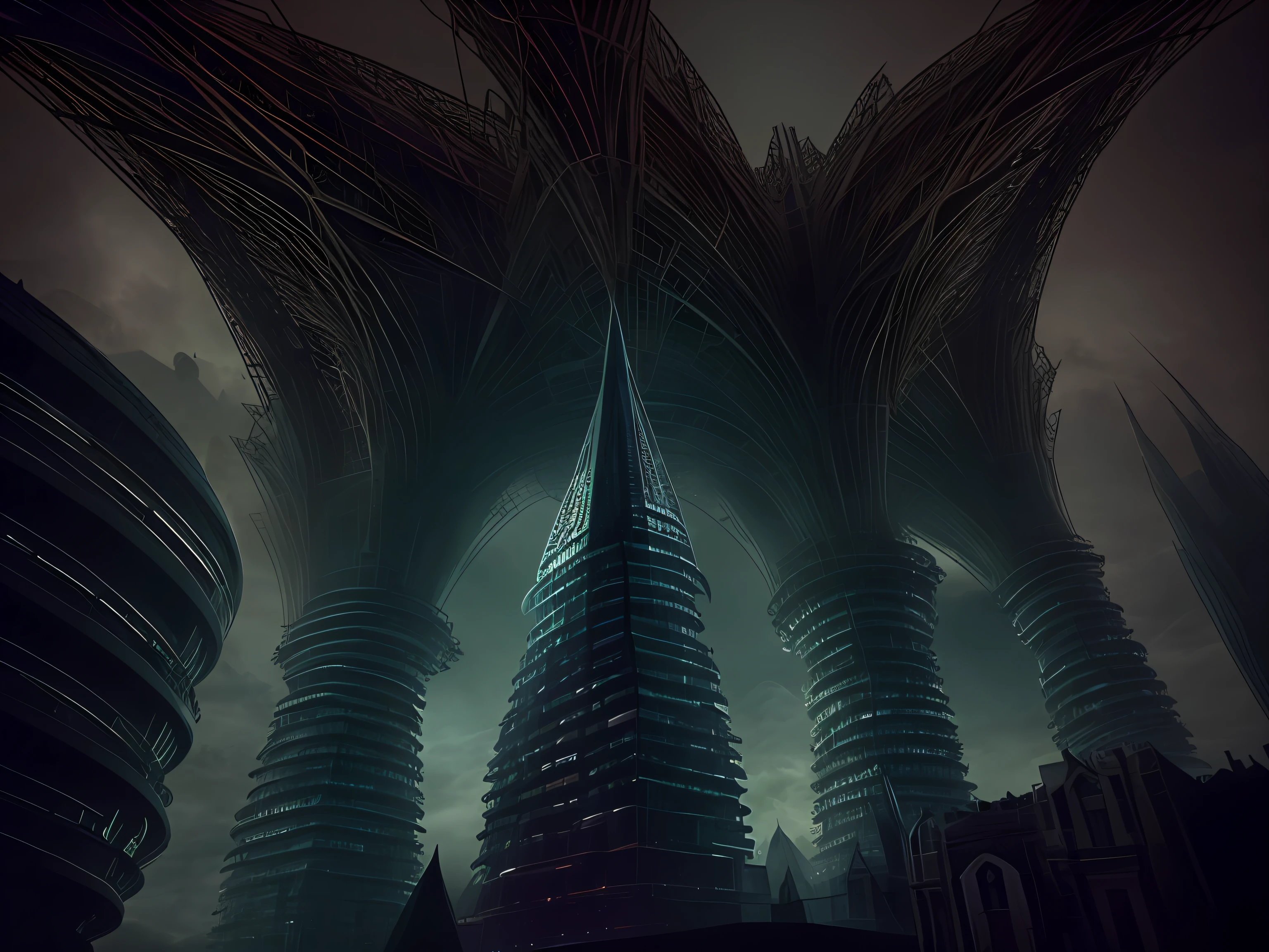 surreal architecture, Towers in the sky loom in the sky, Cinematic texture，Magical world，Alien invasion
Parallel universes