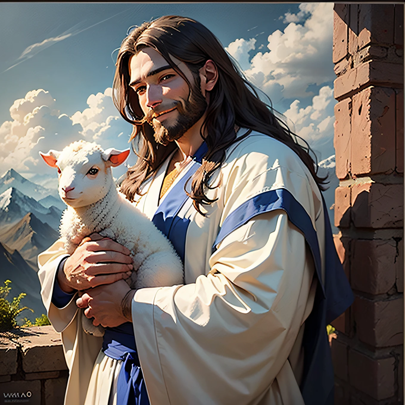 Jesus,portrait, soft light, a man with long brown hair and a beard, wearing a white robe and a blue sash, holding a lamb in his arms, smiling gently, mountains and clouds in the background, 8k, oil painting