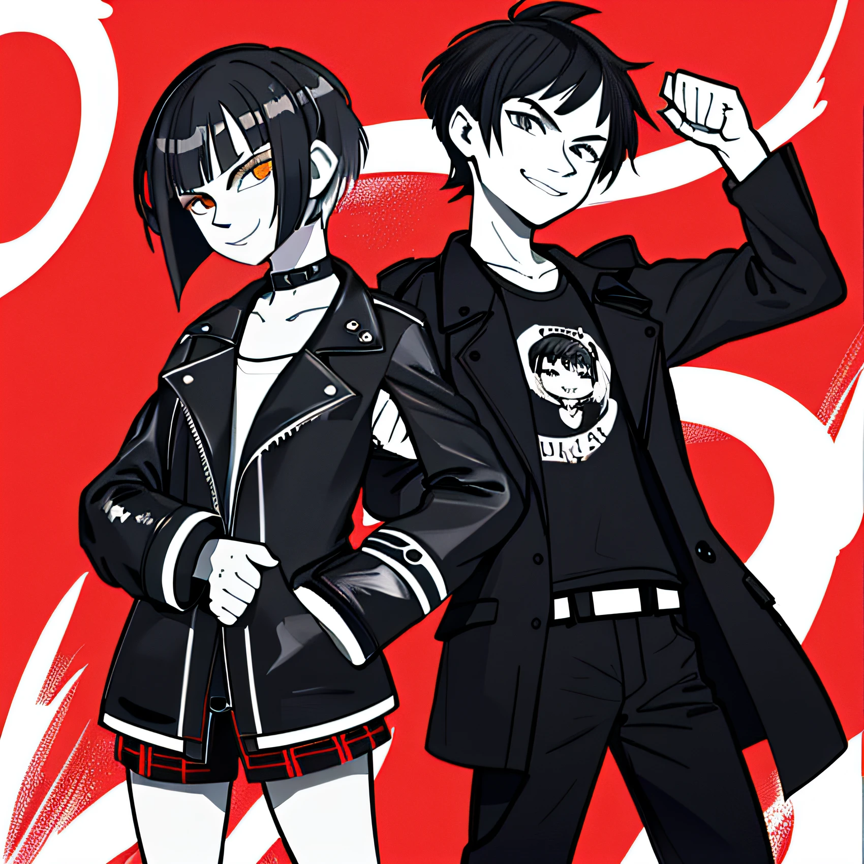 Best quality, high resolution, Ultra detailed, 8k CG, the wallpaper, monochrome, (Red background), streetart, (Paint: 1.6), spatter, graffiti wall, (graffiti on wall: 1.6), (Short hair ), (Short hair bad girl:1.6), Looking down, Grinning, Trench coat,Functional style,Black pants look from below, full bodyesbian,brunette color hair,Handheld video camera,tidal current,are standing,Mullet head,with long bangs,Toda,Yan Fist,Created by the vine tree