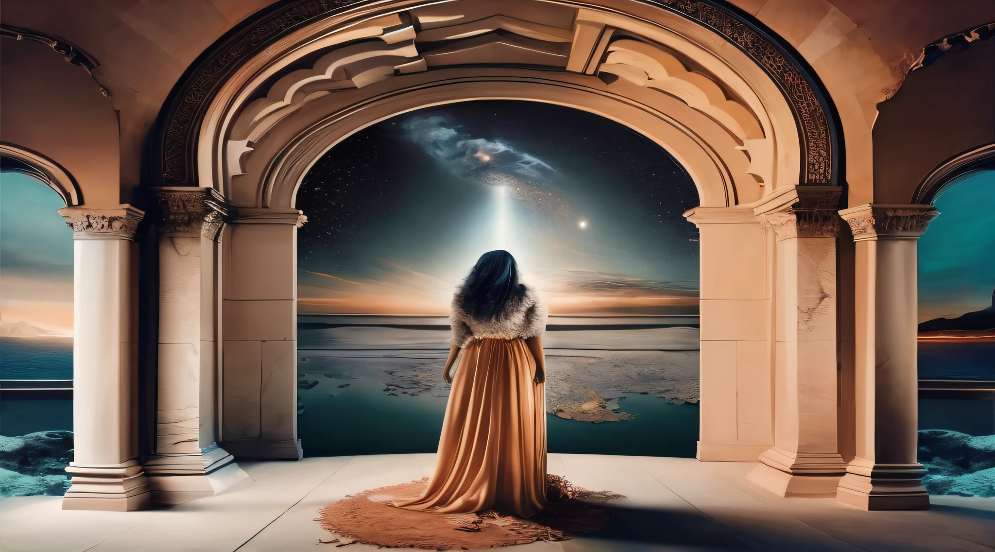 Arafed woman standing in a door looking up at the sky, portal to the ethereal realm, Portal dos Sonhos, Arte de fantasia grande angular, Portal para outro mundo, gateway to another dimension, porta de entrada para outro universo, entrance to ethereal realm, estilo surreal, arte digital fantasia, Arte surreal e fantasiosa, epic surrealism 8k oil painting, dreamlike surrealism