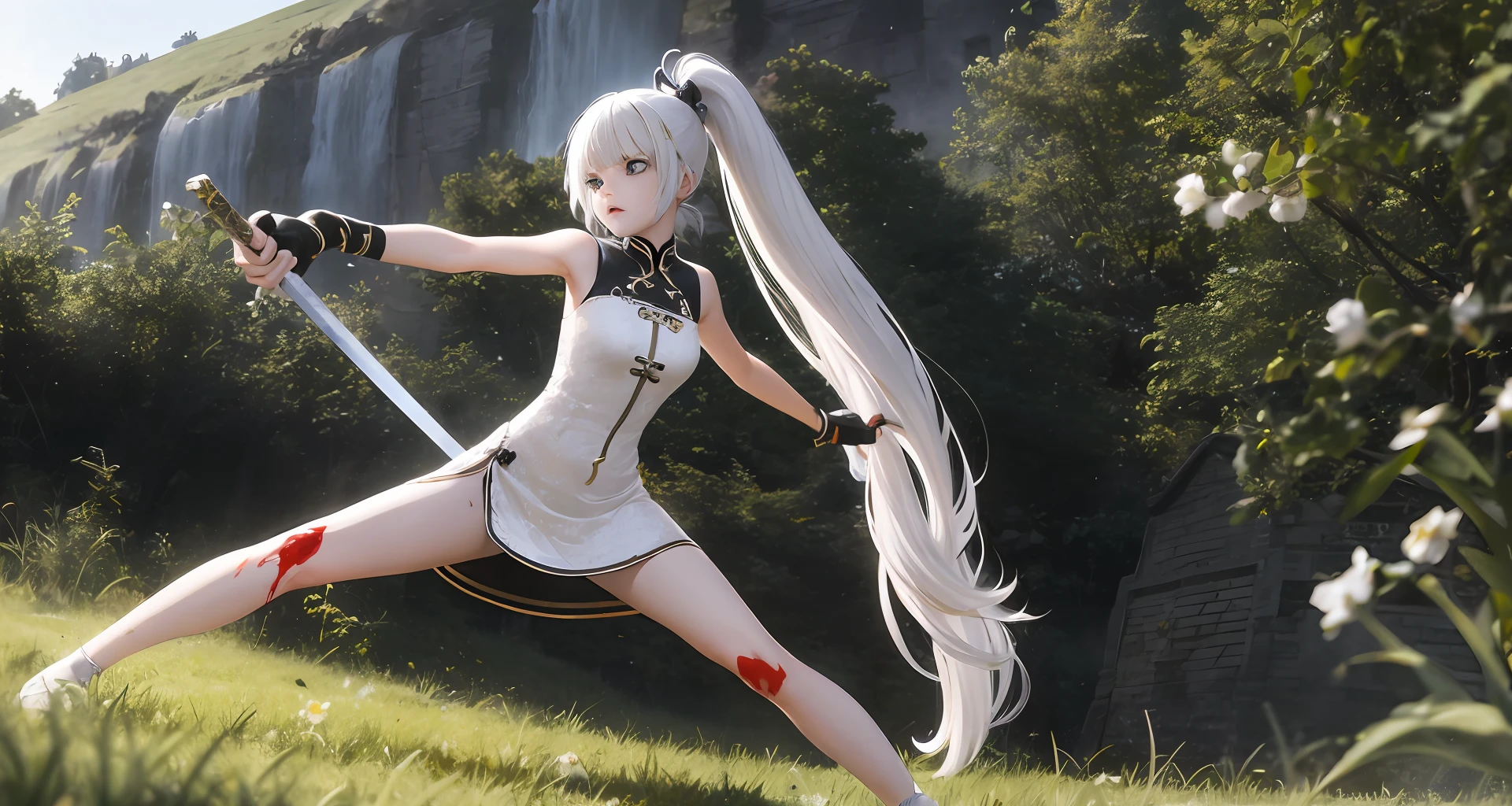 masterpiece, best quality, absurdly long hair, white hair, high ponytail, bone hair ornament, crazy, green eyes, dark_persona, blood from eyes, small breasts, bare_legs, whitedress, bandaid on leg, holding sword, fighting_stance, head tilt, in the rain, on a hill, in spring, day, Chinese, girl, solo,