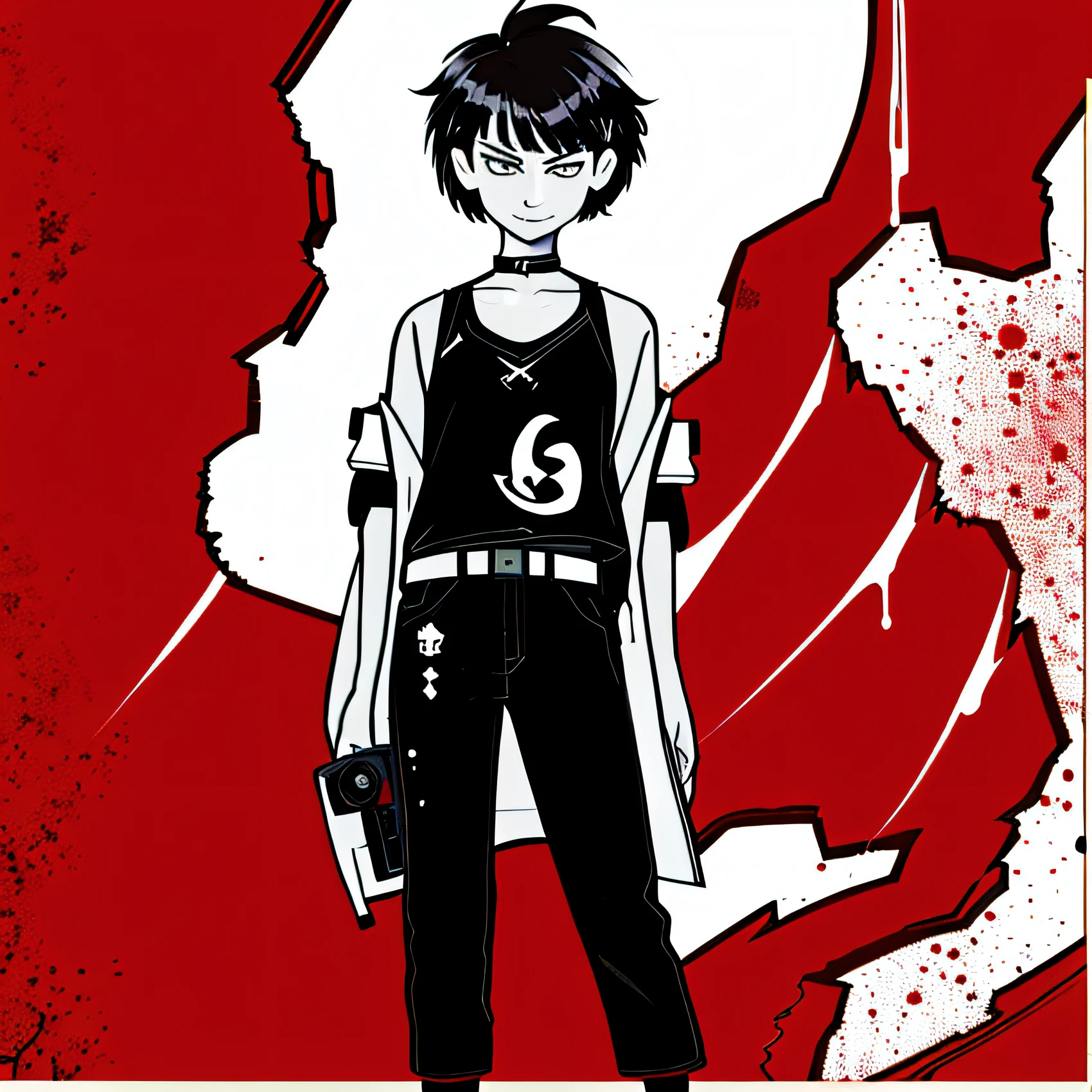 Best quality, high resolution, Ultra detailed, 8k CG, the wallpaper, monochrome, (Red background), streetart, (Paint: 1.6), spatter, graffiti wall, (graffiti on wall: 1.6), (Short hair ), (Short hair bad girl:1.6), Looking down, Grinning, Trench coat,Functional style,Black pants look from below, full bodyesbian,brunette color hair,Handheld video camera,tidal current,are standing,Mullet head,with long bangs,Toda,Yan Fist,Created by the vine tree