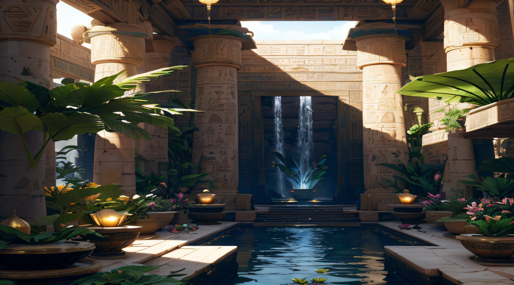 incredible luxurious futuristic interior in Ancient Egyptian style with many (((lush plants))), ((beautiful flowers)), (lotus flowers), ((palm trees)), ((sand)), ((waterfalls)) (marble), clouds and ((water)), (hieroglyphics), (black marble) – with ((beautiful lights)), Unreal Engine, HQ, 16k