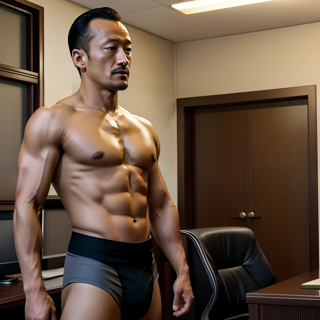 50yearsold,Hidetoshi Nakata ,(Kogoro Mouri 1.3),Naked upper body,Tong,Bulge,office room,two guys,are standing,black long socks,Thin,musculature,lbeard,fortitude,artwork of a,tmasterpiece,k hd,tit