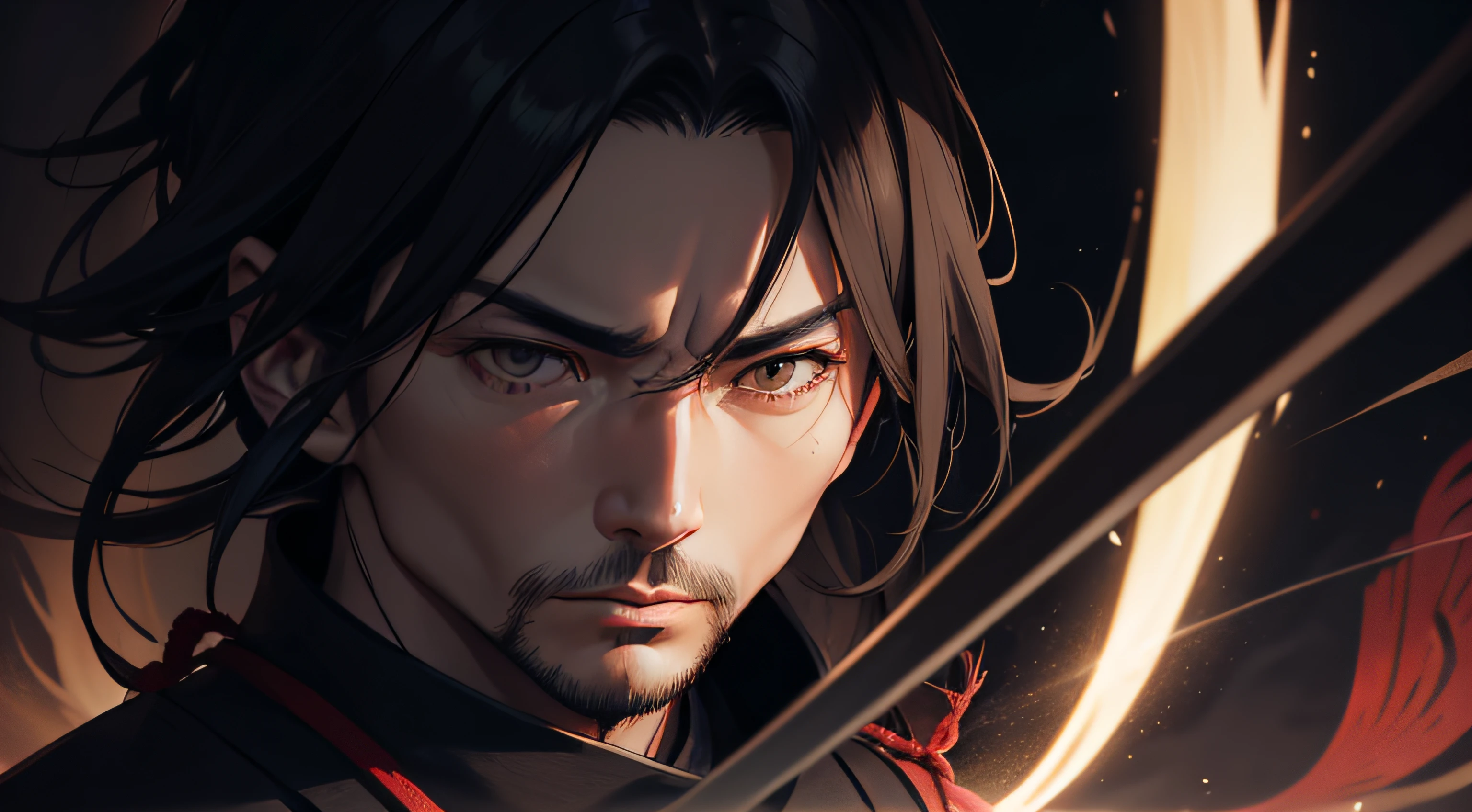 In this captivating portrayal, Miyamoto Musashi, the legendary Japanese swordsman, stands against a backdrop of deep black. The darkness envelops him, emphasizing his enigmatic and formidable presence. Musashi's focused gaze exudes the intensity and discipline that defined his mastery of martial arts. This powerful image captures the essence of Musashi's solitary and introspective nature as he pursued his path of self-discovery and enlightenment. It invites viewers to contemplate the depth of Musashi's wisdom and the profound impact of his teachings, encouraging them to explore the timeless principles of bushido and the way of the warrior.