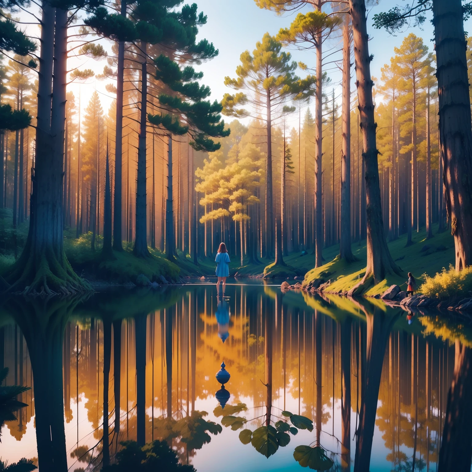 A person standing, facing a serene and clear lake, que reflete a luz do sol poente. The person seems to be in contemplation, com os olhos suavemente fechados, transmitting serenity and connection with nature around you. The colors of the sky are a soft blend of orange, rosa e azul, criando uma atmosfera calma e acolhedora. The surrounding vegetation is lush, with tall trees and delicate wildflowers
