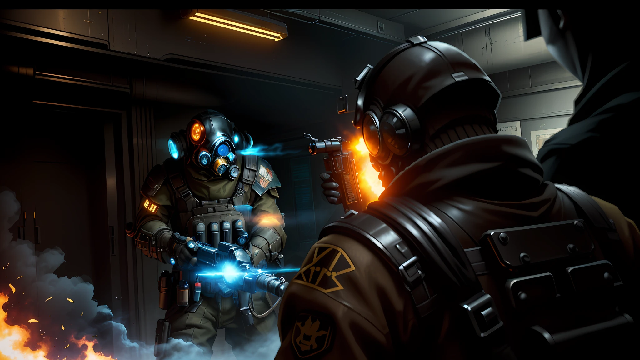 There was a man wearing a gas mask with a gun, SFM, sfm render, cinematics, ps 3 screenshot, cutscene footage, action scene screenshot, ut 4, BioShock screenshot, an escalating violent firefight, slideshow, (doi), video game cutscene, video game screenshot, rendered in sfm, Colonial Marines