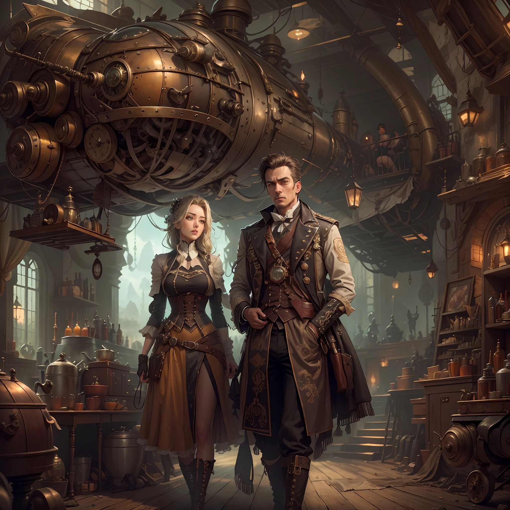 best qualtiy,tmasterpiece,超高分辨率,(realisticlying:1.4),absurderes,(ung couple repairing an airship in the manor,(Eye focus),sface focus, Clear facial features),(koh_amberheard:0.8),1 best long shot photo of Mechanical Airship Manor,Fantasy sci-fi vehicles,hyper realisitc,steampunc,Complex design,insanely details,finely detailled,Steampunk AI,1 couple doing business on the estate