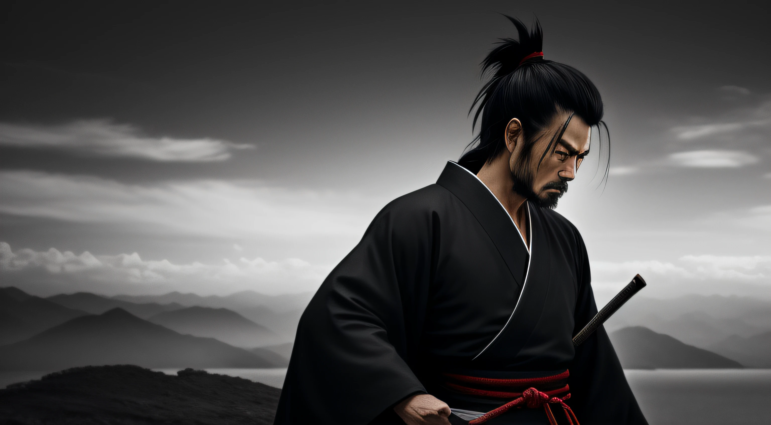 In this captivating portrayal, Miyamoto Musashi, the legendary Japanese swordsman, stands against a backdrop of deep black. The darkness envelops him, emphasizing his enigmatic and formidable presence. Musashi's focused gaze exudes the intensity and discipline that defined his mastery of martial arts. This powerful image captures the essence of Musashi's solitary and introspective nature as he pursued his path of self-discovery and enlightenment. It invites viewers to contemplate the depth of Musashi's wisdom and the profound impact of his teachings, encouraging them to explore the timeless principles of bushido and the way of the warrior.