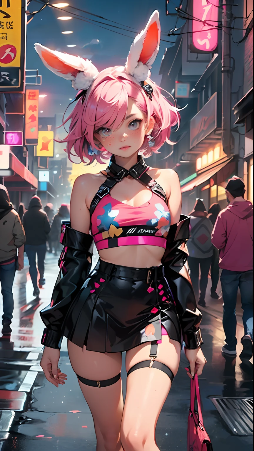 cute little bunny loli,(((little loli, small tiny body, petite))), (((6 years old))),((anime little bunny loli with extremely cute and beautiful fuchsia  hair walking down the street)),(((bunny girl,anthro furry cute,bunny-girl))),(((bunny ears,bunny ears on head,big bunny ears))),

(((flat chest))), (((fuchsia hair:1.35,short fuchsia hair,colored inner hair,ear breathing,))),((heterochromia, eye1 fuchsia, eye2 pink, perfect eyes, upturned eyes:1.3, beautiful detailed eyes, finely detailed beautiful eyes:1, big highlight on eyes:1.2, slanted eyes)), (((freckles on the face, freckles,freckled girl))),(((lustrous skin:1.5,bright skin: 1.5,skin tanned,shiny skin,very shiny skin,shiny body,plastic glitter skin,exaggerated shiny skin))),(delicate detailed fingers,detailed body,detailed arms,human hands, detailed hands),

cute,slutty,,erotic,(((nsfw))), 

zettai ryouiki,revealing clothing,show skin,((rave shirt, neon colored shirt, rave mini-skirt,visible thong straps)),(wearing a rave outfit:1.3,rave clothes,semi-naked,with little clothing,),(detailed outfit,detailed clothes),

(dynamic pose:1.0), solo focus, embarrassed, centered, scale to fit dimensions, Rule of thirds,

outdoors, ((night view)), (cyberpunk night street Background: 1.5,dark sky,alleyway,lonely alley,thick clouds, detailed background:1.25),

(best quality), (high resolution), (sharp focus), (ultra detailed), (extremely detailed), (extremely high quality artwork), 8k_wallpaper, (extremely detailed CG 8k),(very fine 8K CG), ((hyper super ultra detailed perfect piece)), flawless, (((masterpiece))), illustration, vibrant colors,  (intricate), High contrast, Selective lighting, Double exposure, HDR (High Dynamic Range), Post-processing, Background blur,
