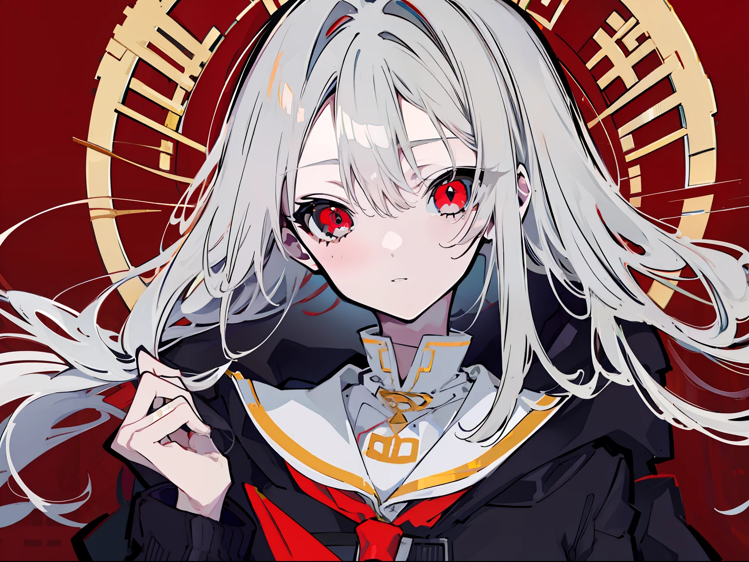 Golden ratio,Masterpiece,Best quality,Ultra detailed,illustration,细腻细致,Intricate details,Cinematic light,最优质的背光,清晰的线条,perfect bodies,one-girl,White double ponytail,Red pupils,Skeleton hair circles,Slender body,There is a collar,a sailor suit,There is a coat,Crazy expression,morden style,Satan tattoo,Christian elements,World-weary face,frosty