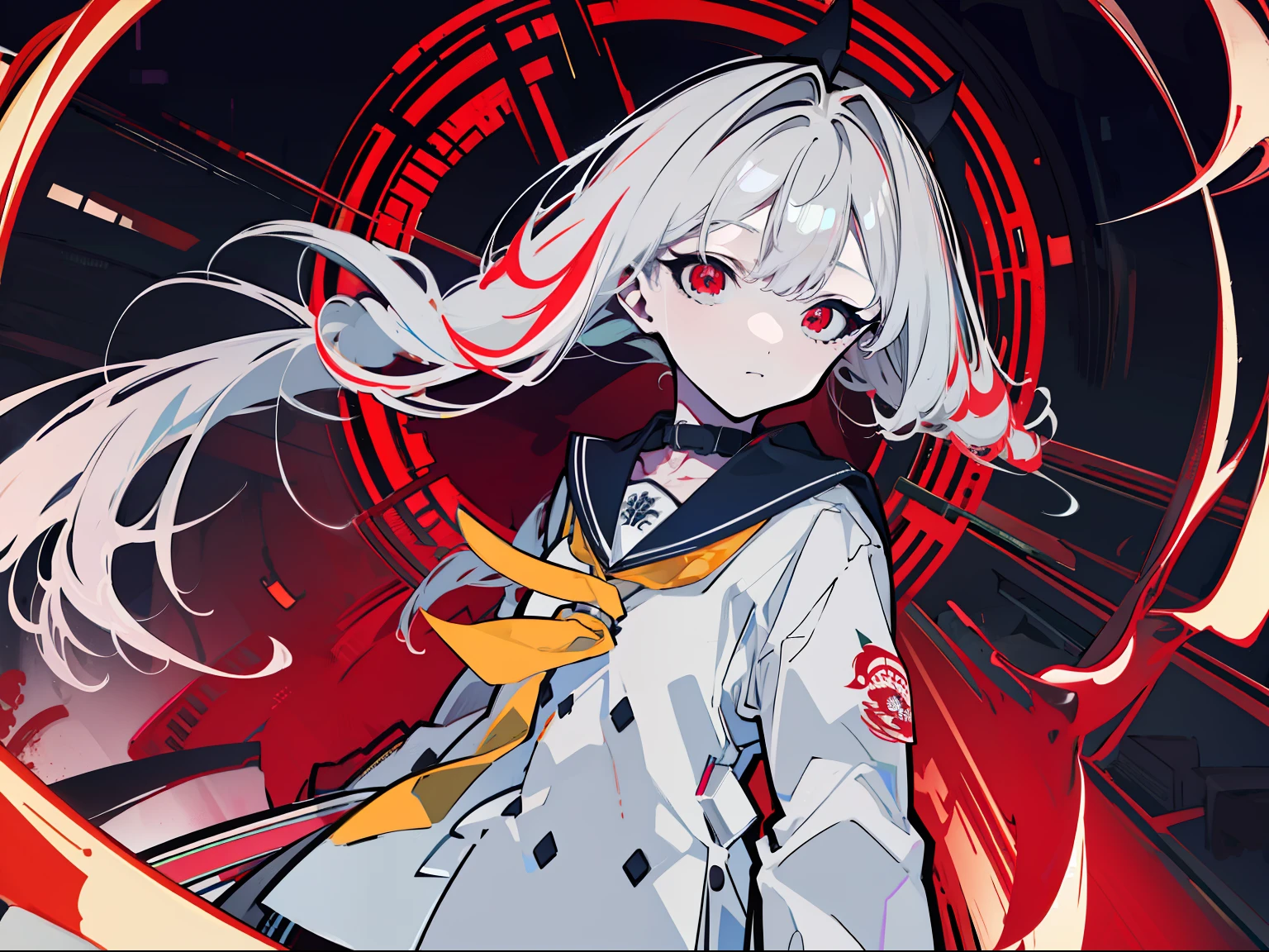Golden ratio,Masterpiece,Best quality,Ultra detailed,illustration,细腻细致,Intricate details,Cinematic light,最优质的背光,清晰的线条,perfect bodies,one-girl,White double ponytail,Red pupils,Skeleton hair circles,Slender body,There is a collar,a sailor suit,There is a coat,Crazy expression,morden style,Satan tattoo,Christian elements,World-weary face,frosty
