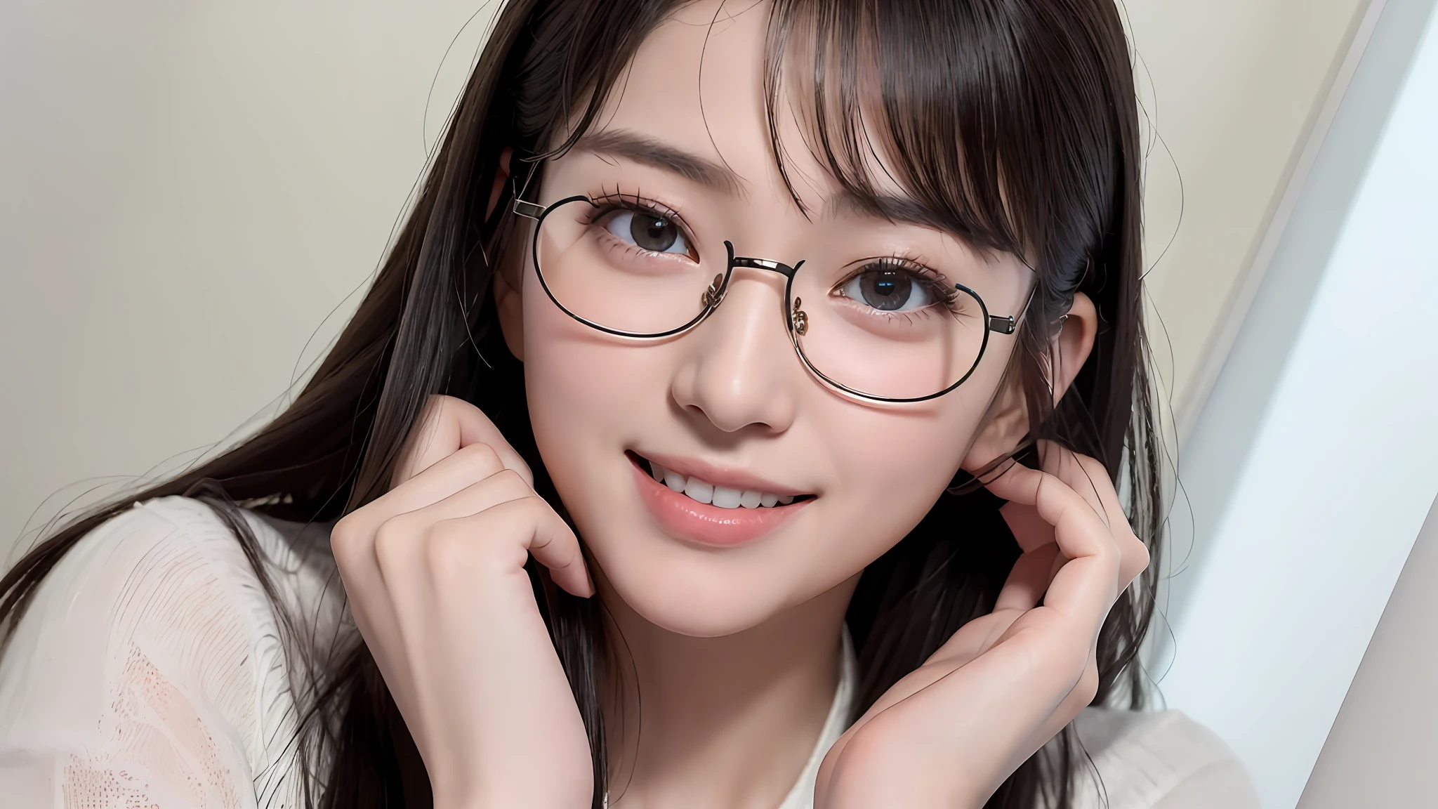 (Photorealsitic:1.4)、masterpiece、超A high resolution、RAW Photos、top-quality、A smile、eye glasses、A dark-haired、Upper Eyes、ung woman、Pulling down bangs、