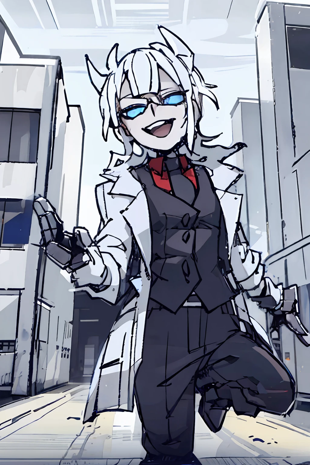 1boy, Short White hair, blue eyes, wearing winter coats, abandoned building, high res, ultrasharp 8K, master piece, looking at viewer, with a crazy smile, jumping in the air