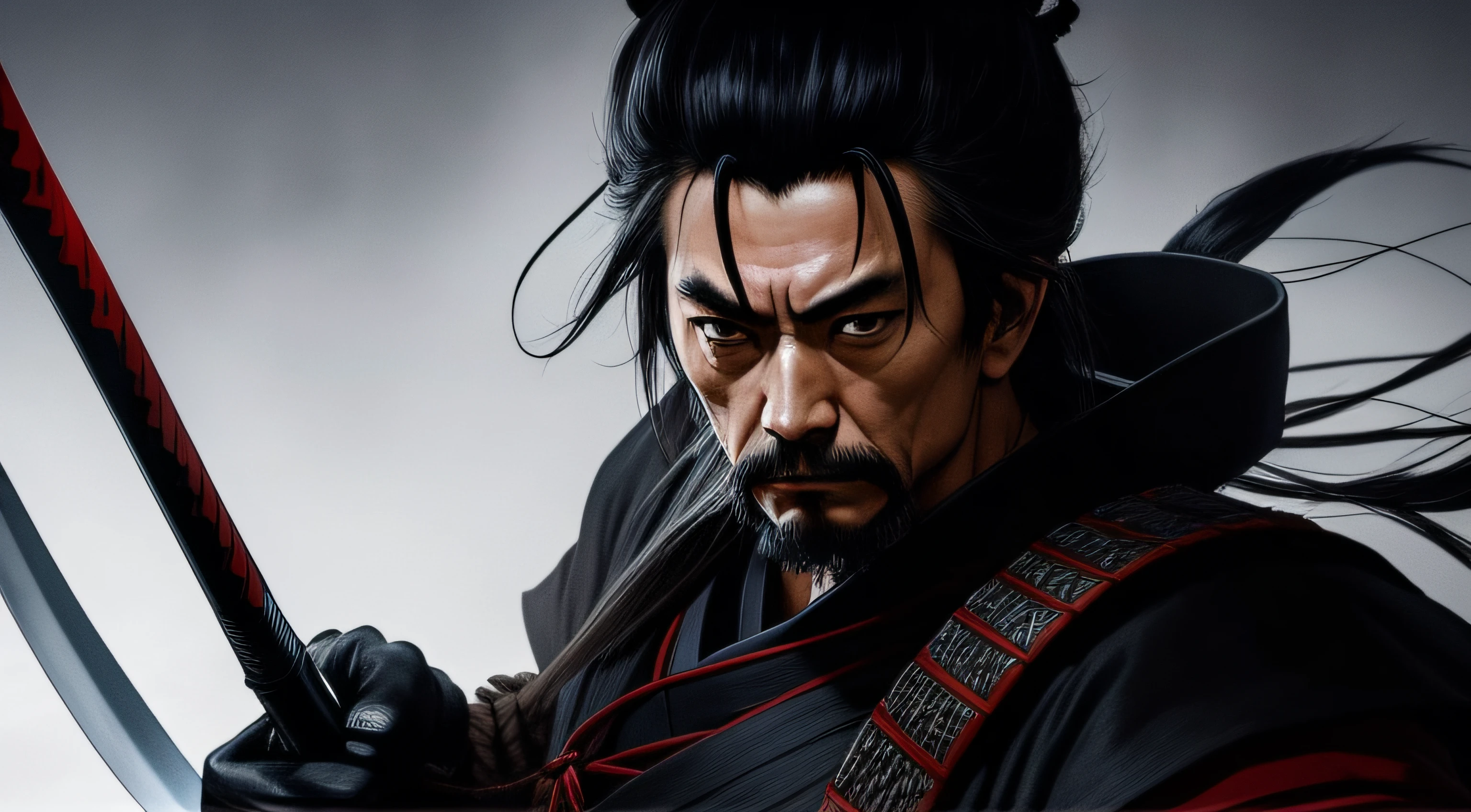 In this striking depiction, Miyamoto Musashi, the legendary Japanese swordsman, stands with a powerful aura against a backdrop of deep black. The darkness enhances his enigmatic and formidable presence, while also highlighting the focus and intensity in his eyes. Musashi's stance exudes the confidence and mastery that defined his legendary skills with the sword. This evocative image captures the essence of Musashi's unwavering commitment to self-discipline and the pursuit of martial excellence. It invites viewers to immerse themselves in the world of samurai and explore the profound philosophy of bushido, embodied by the iconic figure of Miyamoto Musashi.