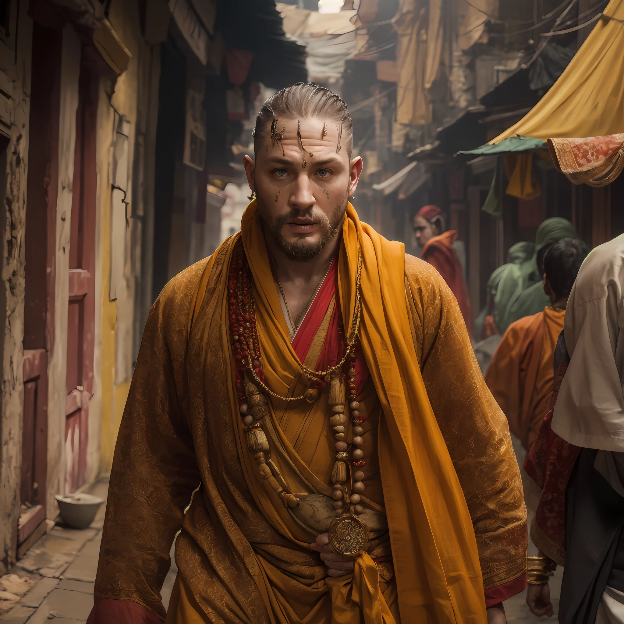 tom hardy, cinematic portrait photo of a very interesting tom hardy Wearing the saffron robes of a monk, Saffron clothes, Rudraksha beads, oblong water pot in hand (Kamandal), rudraksha in hand, walking in street of Banaras, eyes close up, highly detailed vfx portrait, taken with a full frame camera with a wild lens,