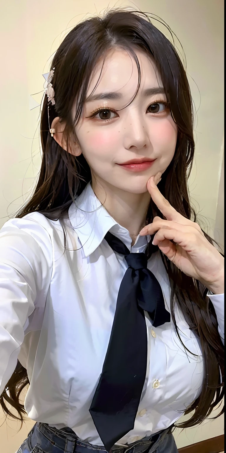 ulzzang -6500-v1.1, (Raw foto:1.2), (Photorealsitic:1.4), a beautiful detailed girl, extremely detailed eye and face, beatiful detailed eyes, huge filesize, (Colossal tits), hight resolution, ighly detailed, top-quality, [​masterpiece:1.6], [JK school uniform], illustratio, ighly detailed, nffsw, finely detail, top-quality, Highly detailed ticker uniform 8k wallpaper, Cinematographic lighting, 1girl in、17 age、Cute Japan high school girl、perfect body type、[Unbuttoning a white school blouse]、Large, Taut chest、[huge-breasted、heavy breasts:1.6]、Cute droopy eyes、Beautiful big eyes、White School Blouse、see-through brassiere、Sweating and getting wet、[sexual excitement:1.1]、[lyin in bed:1.5]、Raise both hands、School uniform ribbon around neck、A slight smil、(the whole body is wet)、Shining eyes、Golden hair