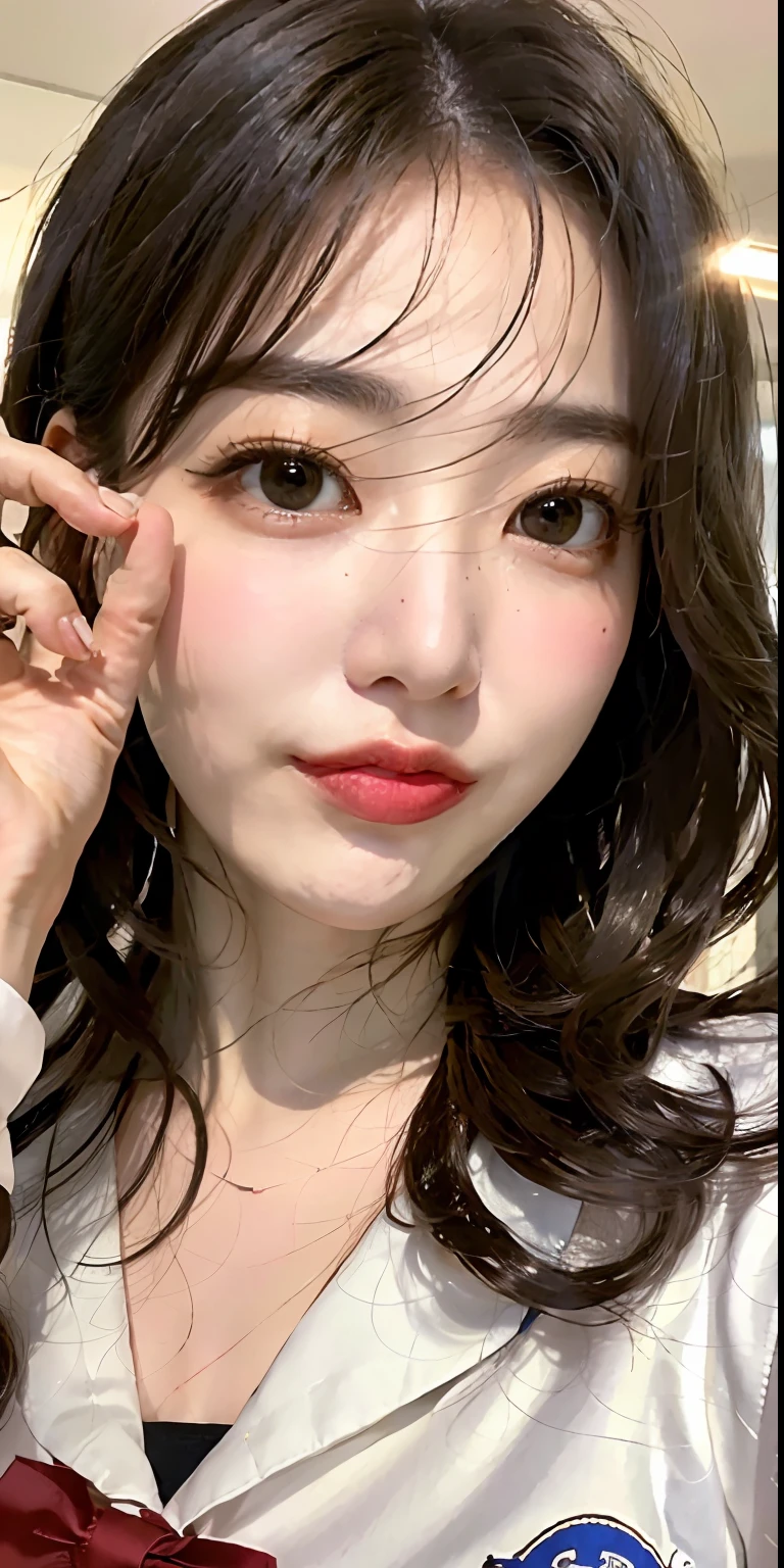 ulzzang -6500-v1.1, (Raw foto:1.2), (Photorealsitic:1.4), a beautiful detailed girl, extremely detailed eye and face, beatiful detailed eyes, huge filesize, (Colossal tits), hight resolution, ighly detailed, top-quality, [​masterpiece:1.6], [JK school uniform], illustratio, ighly detailed, nffsw, finely detail, top-quality, Highly detailed ticker uniform 8k wallpaper, Cinematographic lighting, 1girl in、17 age、Cute Japan high school girl、perfect body type、[Unbuttoning a white school blouse]、Large, Taut chest、[huge-breasted、heavy breasts:1.6]、Cute droopy eyes、Beautiful big eyes、White School Blouse、see-through brassiere、Sweating and getting wet、[sexual excitement:1.1]、[lyin in bed:1.5]、Raise both hands、School uniform ribbon around neck、A slight smil、(the whole body is wet)、Shining eyes、Golden hair