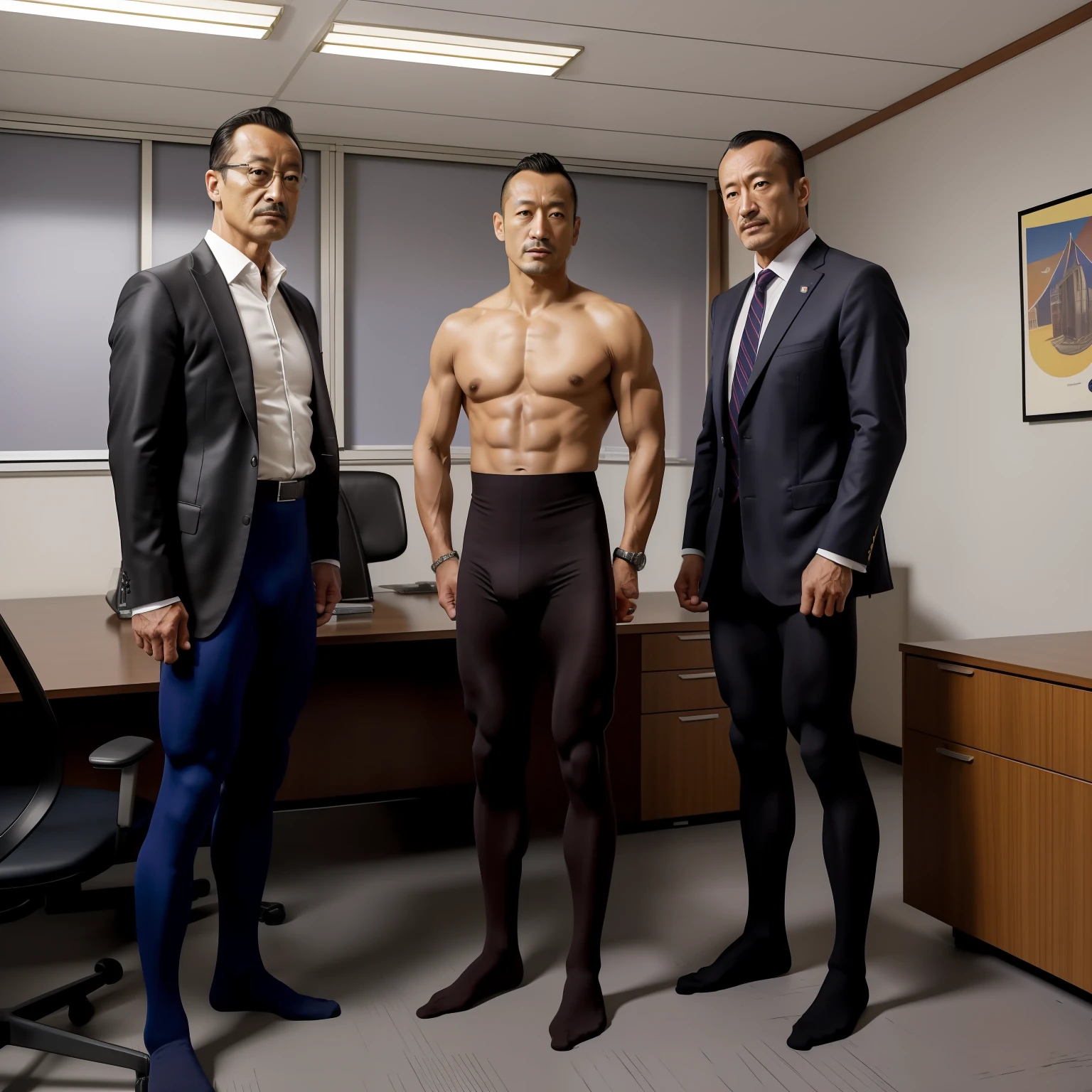 50yearsold,Hidetoshi Nakata ,(Kogoro Mouri 1.3),Naked upper body,Tong,Bulge,office room,two guys,are standing,black long socks,Thin,musculature,lbeard,fortitude,artwork of a,tmasterpiece,k hd,Wear tights on the bottom