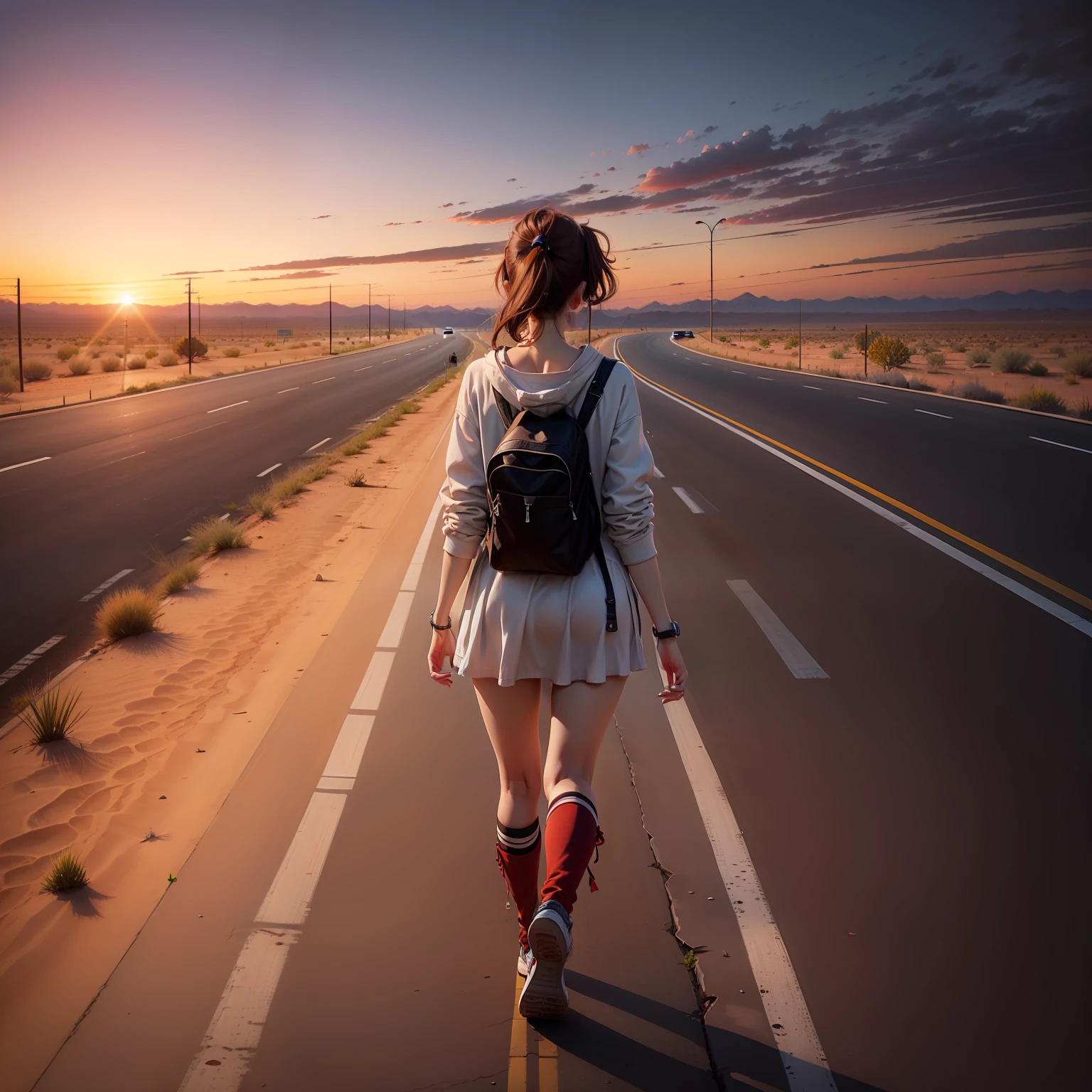 1anime girl, hitchhiker, walking down a deserted highway alone, lonely, sunset with a dark sky above, along a desert highway, yellow road sign, route 66, America, dark brown hair, ponytail, oversized jacket, punk