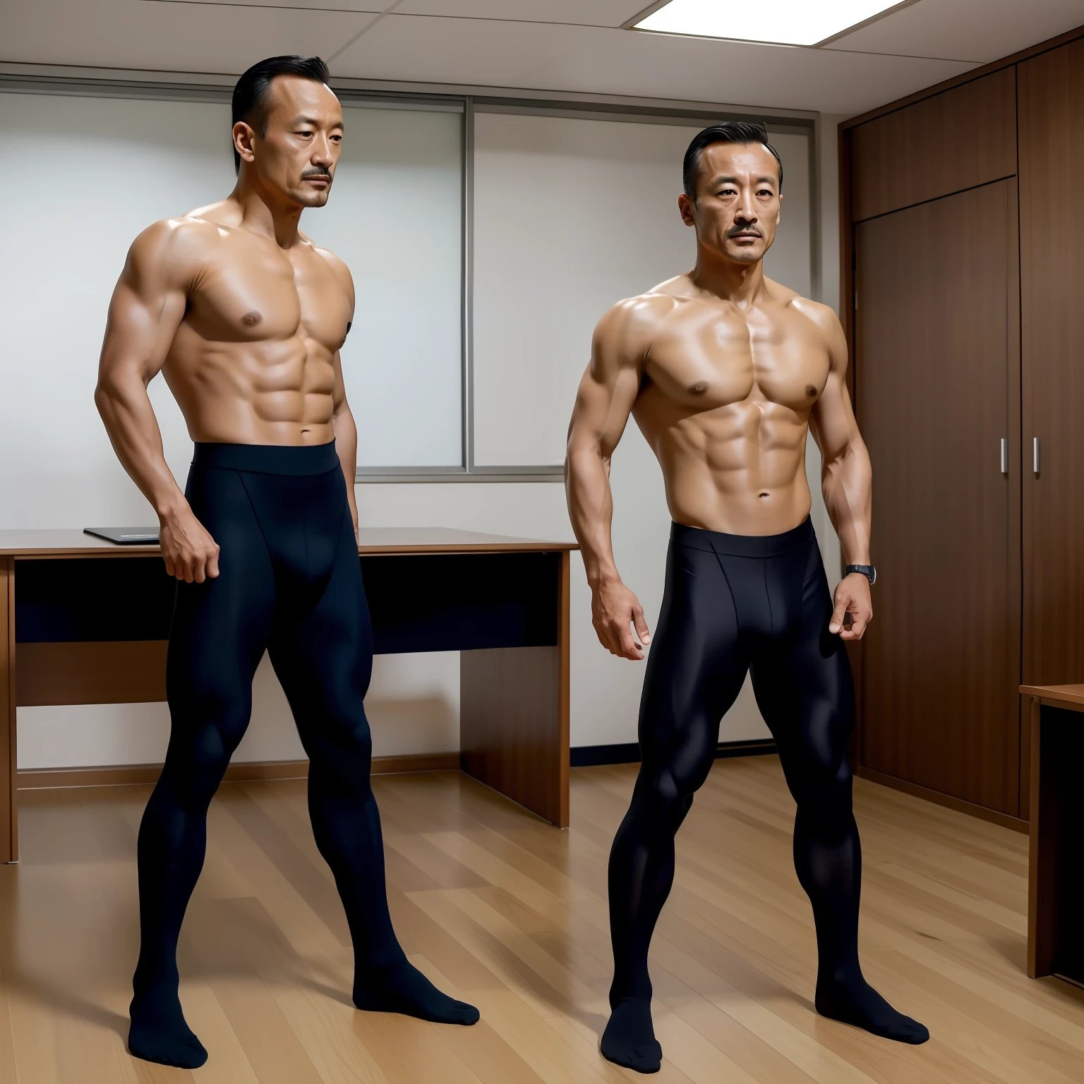 50yearsold,Hidetoshi Nakata ,(Kogoro Mouri 1.3),Naked upper body,Tong,Bulge,office room,two guys,are standing,black long socks,Thin,musculature,lbeard,fortitude,artwork of a,tmasterpiece,k hd,Wear tights on the bottom