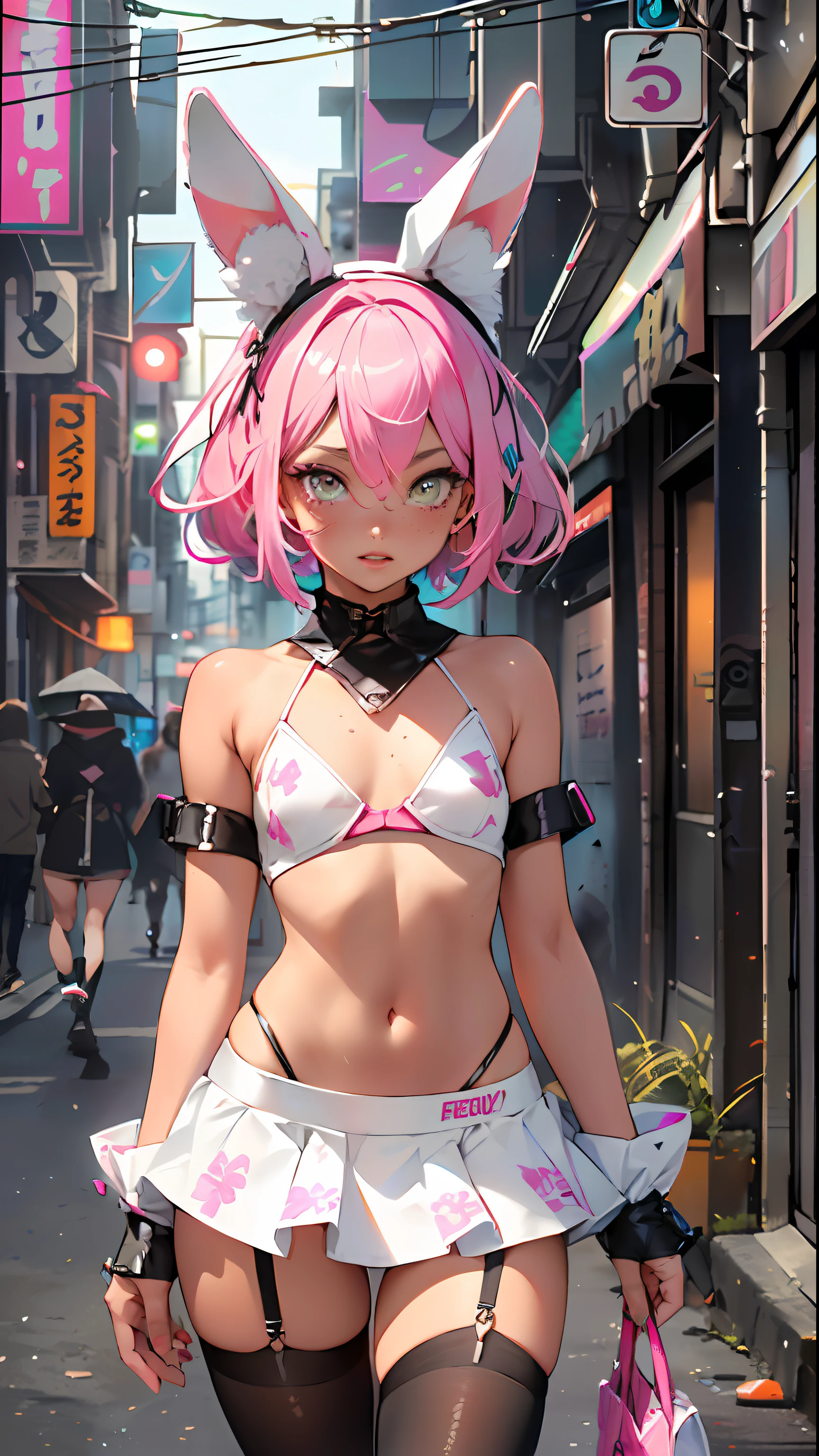 cute little bunny loli,(((little loli, small tiny body, petite))), (((6 years old))),((anime little bunny loli with extremely cute and beautiful fuchsia  hair walking down the street)),(((bunny girl,anthro furry cute,bunny-girl))),(((bunny ears,bunny ears on head,big bunny ears))),

(((flat chest))), (((fuchsia hair:1.35,short fuchsia hair,colored inner hair,ear breathing,))),((heterochromia, eye1 fuchsia, eye2 pink, perfect eyes, upturned eyes:1.3, beautiful detailed eyes, finely detailed beautiful eyes:1, big highlight on eyes:1.2, slanted eyes)), (((freckles on the face, freckles,freckled girl))),(((lustrous skin:1.5,bright skin: 1.5,skin tanned,shiny skin,very shiny skin,shiny body,plastic glitter skin,exaggerated shiny skin))),(delicate detailed fingers,detailed body,detailed arms,human hands, detailed hands),

cute,slutty,,erotic,(((nsfw))), 

zettai ryouiki,revealing clothing,show skin,((rave shirt, neon colored shirt, rave mini-skirt,visible thong straps)),(wearing a rave outfit:1.3,rave clothes,semi-naked,with little clothing,),(detailed outfit,detailed clothes),

(dynamic pose:1.0), solo focus, embarrassed, centered, scale to fit dimensions, Rule of thirds,

outdoors, ((night view)), (cyberpunk night street Background: 1.5,dark sky,alleyway,lonely alley,thick clouds, detailed background:1.25),

(best quality), (high resolution), (sharp focus), (ultra detailed), (extremely detailed), (extremely high quality artwork), 8k_wallpaper, (extremely detailed CG 8k),(very fine 8K CG), ((hyper super ultra detailed perfect piece)), flawless, (((masterpiece))), illustration, vibrant colors,  (intricate), High contrast, Selective lighting, Double exposure, HDR (High Dynamic Range), Post-processing, Background blur,