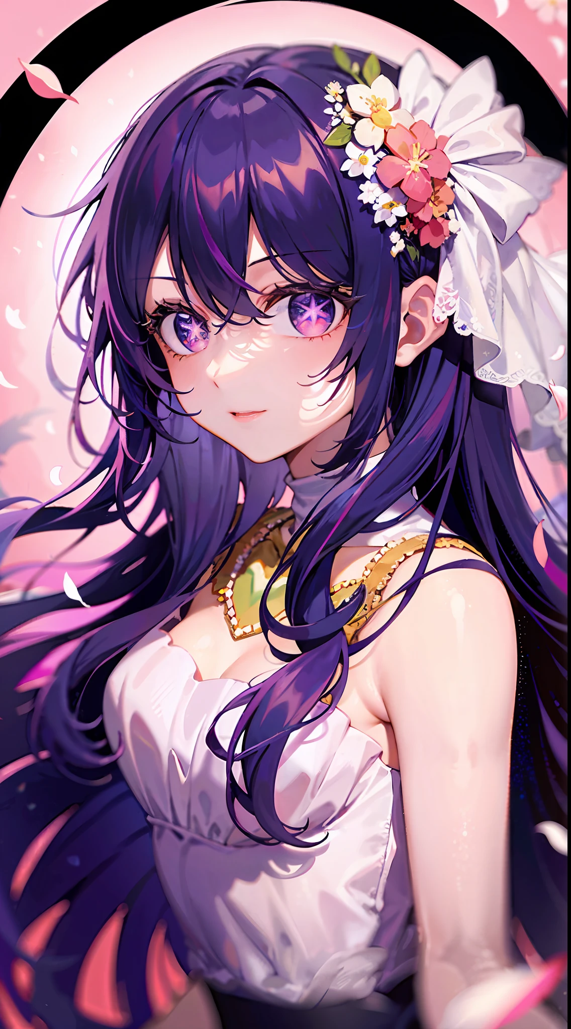 1girll,((There is a five-pointed star in the eye))Gorgeous Hair in Long Purple,(wedding gown),falling flower petals,Bridge in the middle,