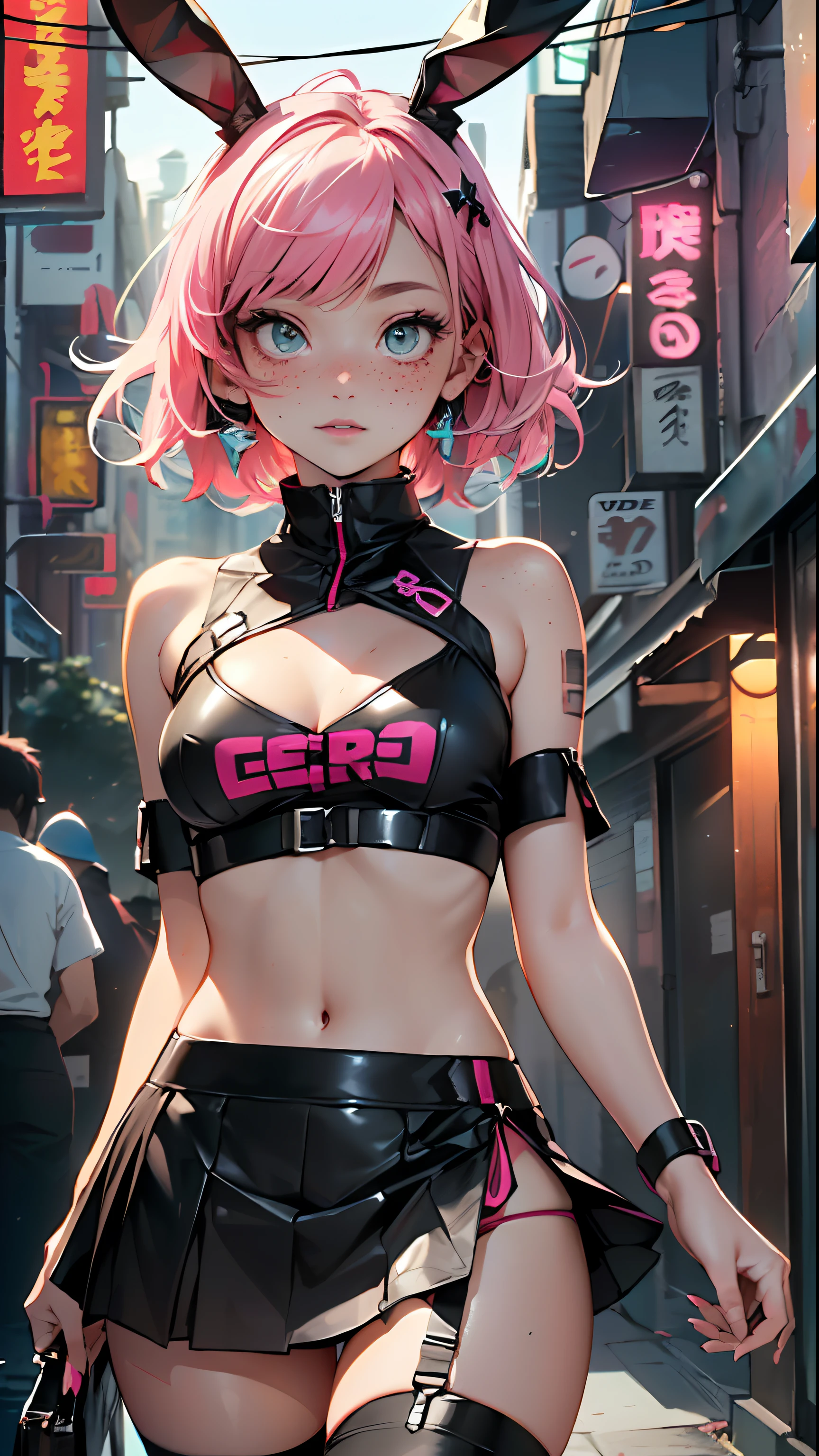 cute little bunny loli,(((little loli, small tiny body, petite))), (((6 ))),((anime little bunny loli with extremely cute and beautiful fuchsia hair walking down the street)),(((bunny girl,anthro furry cute,bunny-girl))),(((bunny ears,bunny ears on head,big bunny ears))),
(((flat chest))), (((fuchsia hair:1.35,short fuchsia hair,colored inner hair,ear breathing,))),((heterochromia, eye1 fuchsia, eye2 pink, perfect eyes, upturned eyes:1.3, beautiful detailed eyes, finely detailed beautiful eyes:1, big highlight on eyes:1.2, slanted eyes)), (((freckles on the face, freckles,freckled girl))),(((lustrous skin:1.5,bright skin: 1.5,skin tanned,shiny skin,very shiny skin,shiny body,plastic glitter skin,exaggerated shiny skin))),(delicate detailed fingers,detailed body,detailed arms,human hands, detailed hands),
cute,slutty,,erotic,(((nsfw))),
zettai ryouiki,revealing clothing,show skin,((rave shirt, neon colored shirt, rave mini-skirt,visible thong straps)),(wearing a rave outfit:1.3,rave clothes,semi-naked,with little clothing,),(detailed outfit,detailed clothes),
(dynamic pose:1.0), solo focus, embarrassed, centered, scale to fit dimensions, Rule of thirds,
outdoors, ((night view)), (cyberpunk night street Background: 1.5,dark sky,alleyway,lonely alley,thick clouds, detailed background:1.25),
(best quality), (high resolution), (sharp focus), (ultra detailed), (extremely detailed), (extremely high quality artwork), 8k_wallpaper, (extremely detailed CG 8k),(very fine 8K CG), ((hyper super ultra detailed perfect piece)), flawless, (((masterpiece))), illustration, vibrant colors, (intricate), High contrast, Selective lighting, Double exposure, HDR (High Dynamic Range), Post-processing, Background blur,