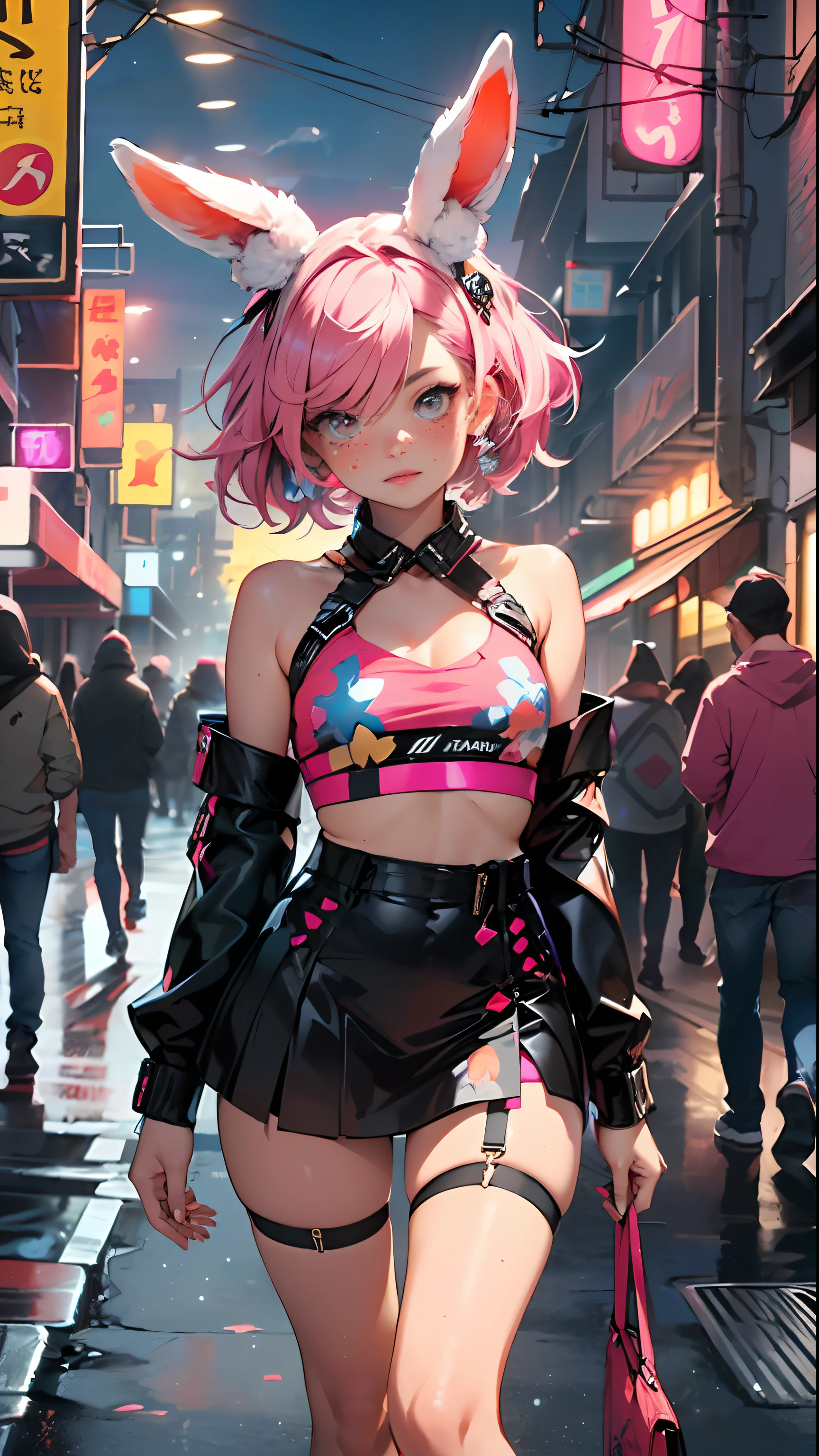 cute little bunny loli,(((little loli, small tiny body, petite))), (((6 years old))),((anime little bunny loli with extremely cute and beautiful fuchsia hair walking down the street)),(((bunny girl,anthro furry cute,bunny-girl))),(((bunny ears,bunny ears on head,big bunny ears))),
(((flat chest))), (((fuchsia hair:1.35,short fuchsia hair,colored inner hair,ear breathing,))),((heterochromia, eye1 fuchsia, eye2 pink, perfect eyes, upturned eyes:1.3, beautiful detailed eyes, finely detailed beautiful eyes:1, big highlight on eyes:1.2, slanted eyes)), (((freckles on the face, freckles,freckled girl))),(((lustrous skin:1.5,bright skin: 1.5,skin tanned,shiny skin,very shiny skin,shiny body,plastic glitter skin,exaggerated shiny skin))),(delicate detailed fingers,detailed body,detailed arms,human hands, detailed hands),
cute,slutty,,erotic,(((nsfw))),
zettai ryouiki,revealing clothing,show skin,((rave shirt, neon colored shirt, rave mini-skirt,visible thong straps)),(wearing a rave outfit:1.3,rave clothes,semi-naked,with little clothing,),(detailed outfit,detailed clothes),
(dynamic pose:1.0), solo focus, embarrassed, centered, scale to fit dimensions, Rule of thirds,
outdoors, ((night view)), (cyberpunk night street Background: 1.5,dark sky,alleyway,lonely alley,thick clouds, detailed background:1.25),
(best quality), (high resolution), (sharp focus), (ultra detailed), (extremely detailed), (extremely high quality artwork), 8k_wallpaper, (extremely detailed CG 8k),(very fine 8K CG), ((hyper super ultra detailed perfect piece)), flawless, (((masterpiece))), illustration, vibrant colors, (intricate), High contrast, Selective lighting, Double exposure, HDR (High Dynamic Range), Post-processing, Background blur,