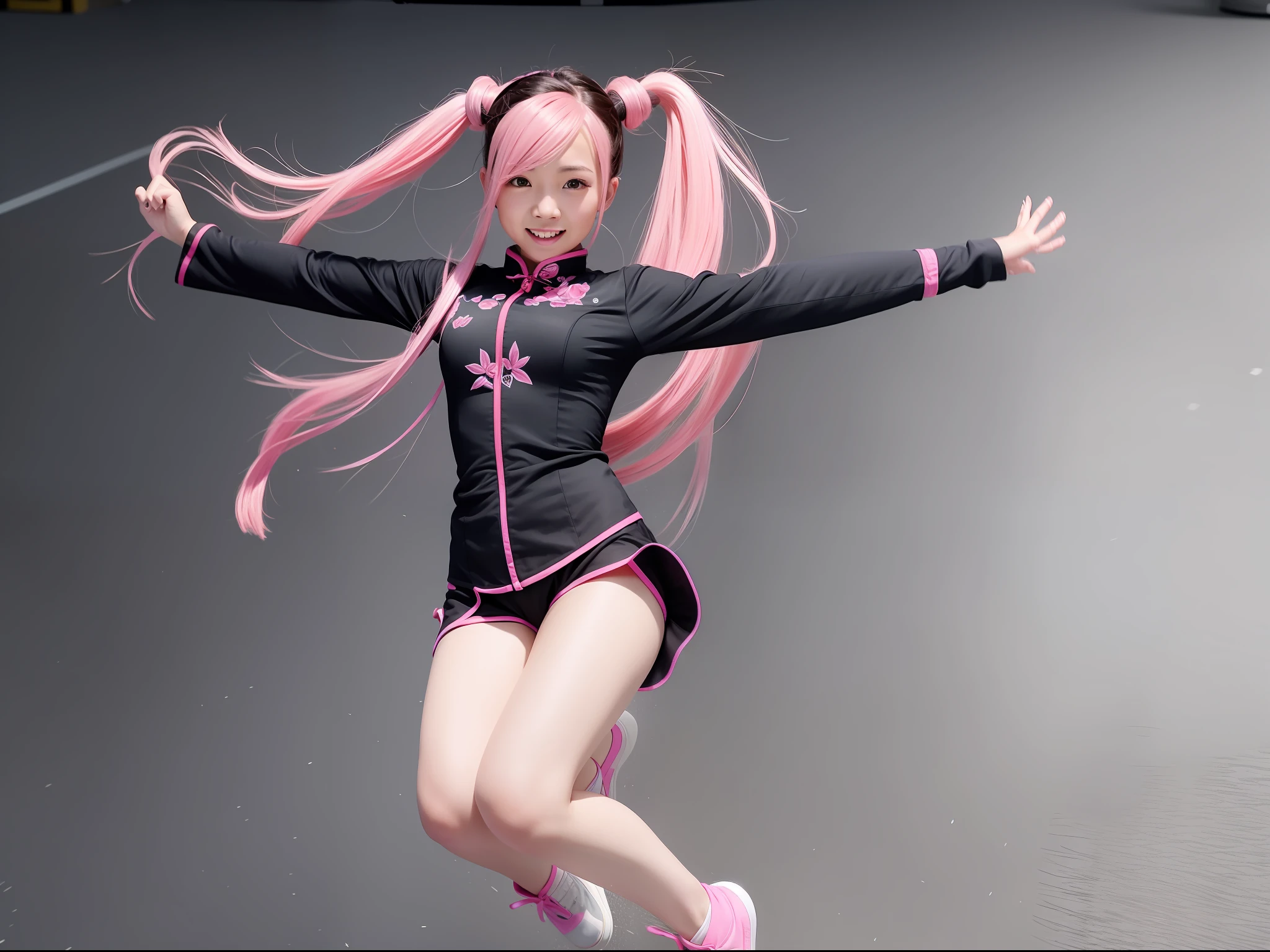 Pink hair black cheongsam girl jumping，Motion capture