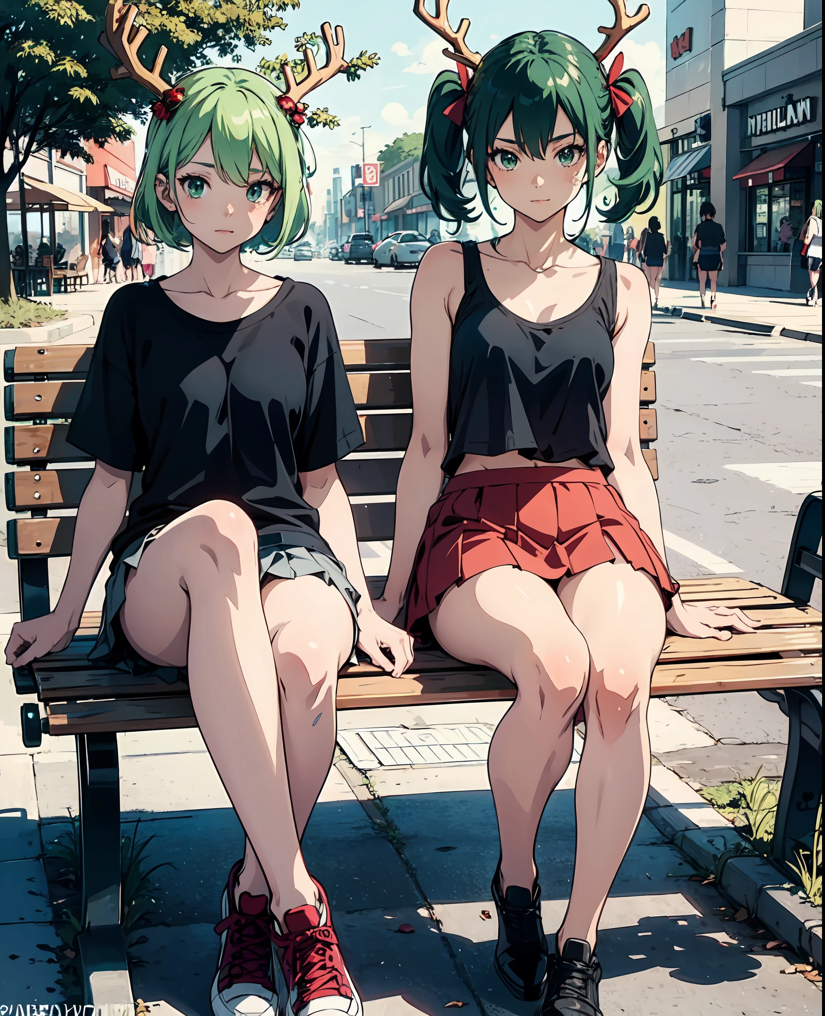anime waifu with antlers, green hair, sexy, sitting at a park bench at a mall, short skirt, straples tight tank top, retro anime style, flat colors