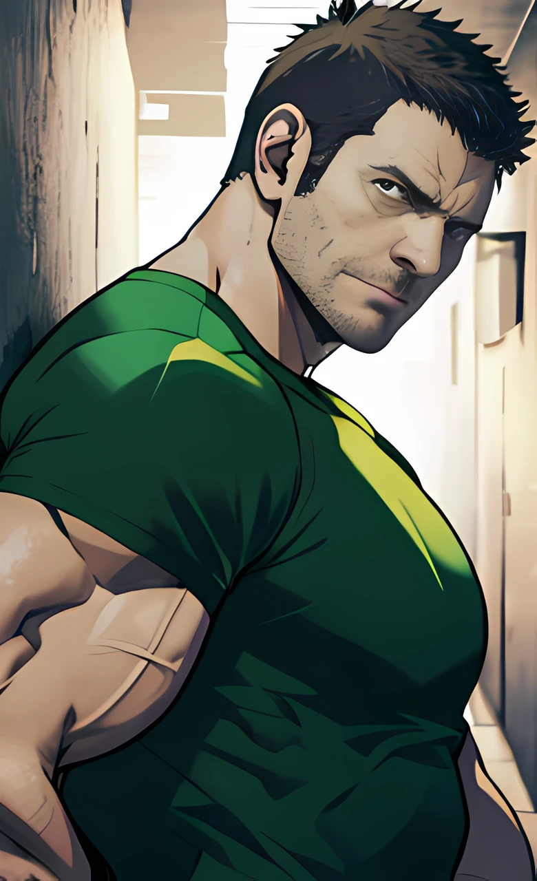 1 man, solo, 35 year old, Chris Redfield, wearing green T shirt, smirks, white color on the shoulder and a bsaa logo on the shoulder, millitary tactical suit, tall and hunk, biceps, abs, chest, best quality, masterpiece, high resolution:1.2, upper body shot, dark black gloomy hallway in the background, detailed face, shadow, volumetric lighting, center focus, low camera angle