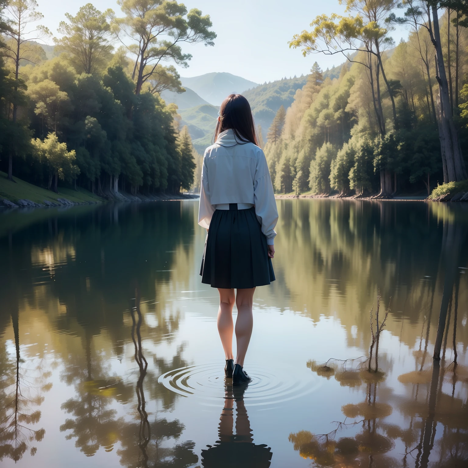 A person standing, facing a serene and clear lake, que reflete a luz do sol poente. The person seems to be in contemplation, com os olhos suavemente fechados, transmitting serenity and connection with nature around you.