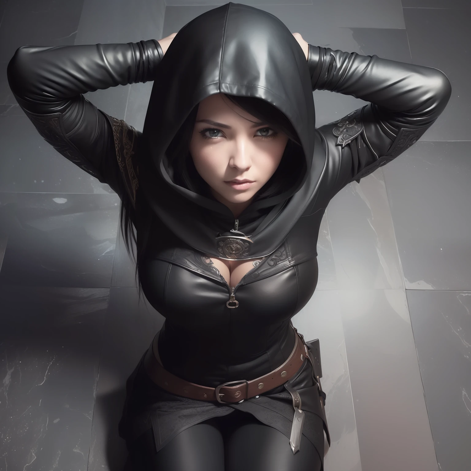 female rogue, ((pov looking down at her)), ((view centered above her face:1.7)) (short and mischievous:1.5), (fair skin:1.6), (medium perfect breasts:1.4), (long black emo hair:1.7), ((flawless beautiful face:1.4)), ((highly detailed face:1.5)), (intricate dark leather armor with a hooded cloak and tight pants:1.5), ((in a fantasy room:1.4)), (kneeling on the floor and looking up at the camera:1.2), (dynamic lighting:1.5), (centered in frame), (highly detailed:1.4), 8k wallpaper,