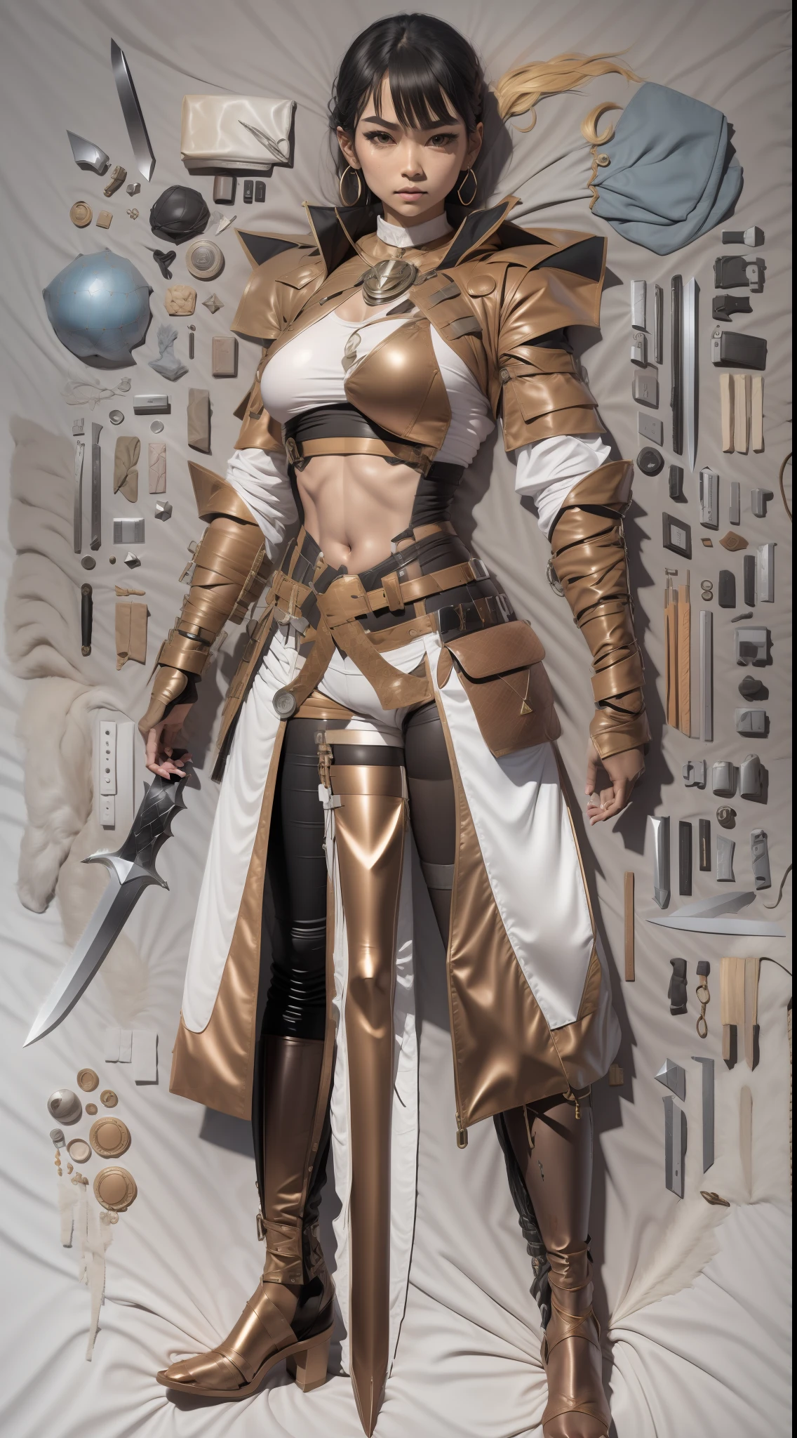 Copper model,New coffee products, Silver weapons, The sword, halter, Weapons of the future, 32K, Linen cloak, Top quality, Masterpiece:Faust,,1 child, short detailed hair, thin fog, (tmasterpiece,k hd,hyper HD,16k),clutching a sword,blood sky, Brunette knife, Shorts smoke, Mist coating, bandagens, sword sheath, Masks, 独奏,Ivory white background