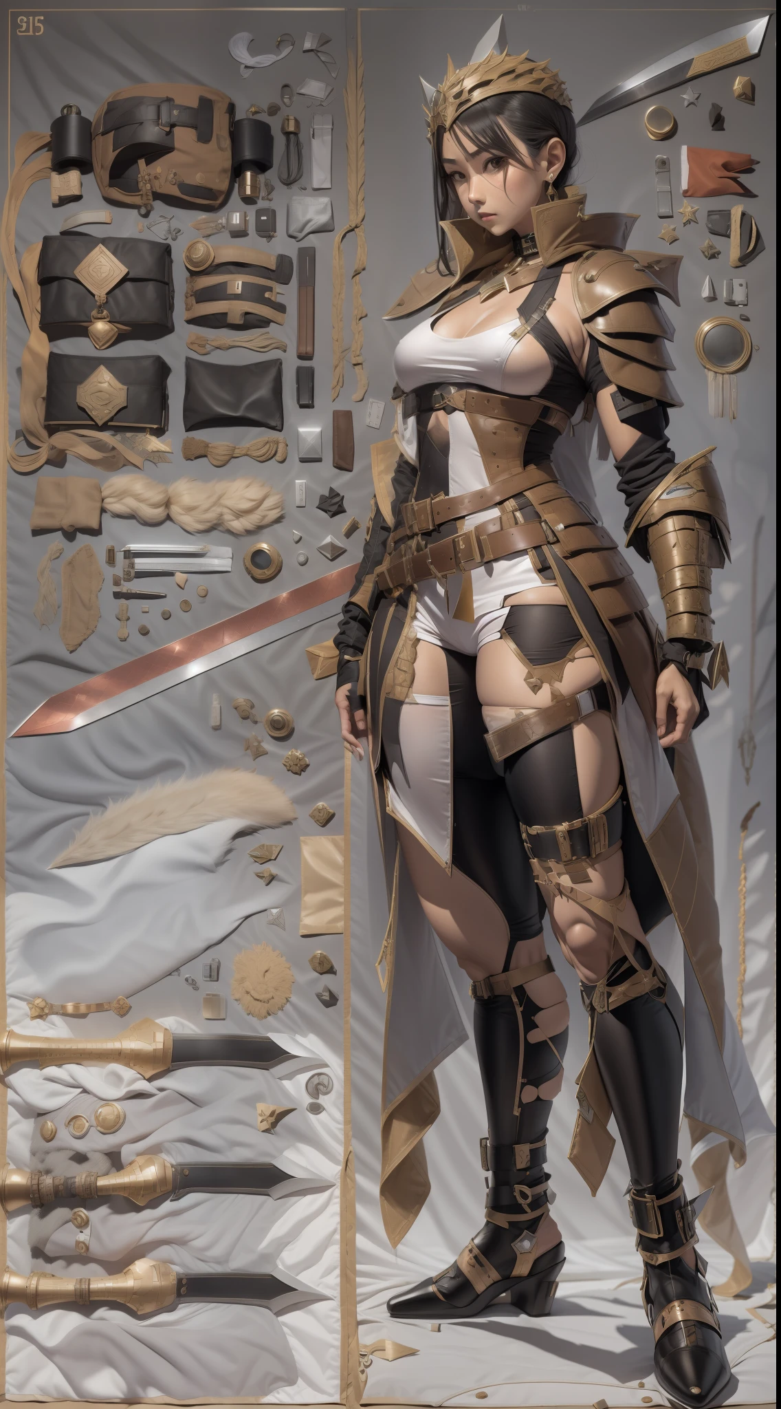 Copper model,New coffee products, Silver weapons, The sword, halter, Weapons of the future, 32K, Linen cloak, Top quality, Masterpiece:Faust,,1 child, short detailed hair, thin fog, (tmasterpiece,k hd,hyper HD,16k),clutching a sword,blood sky, Brunette knife, Shorts smoke, Mist coating, bandagens, sword sheath, Masks, 独奏,Ivory white background