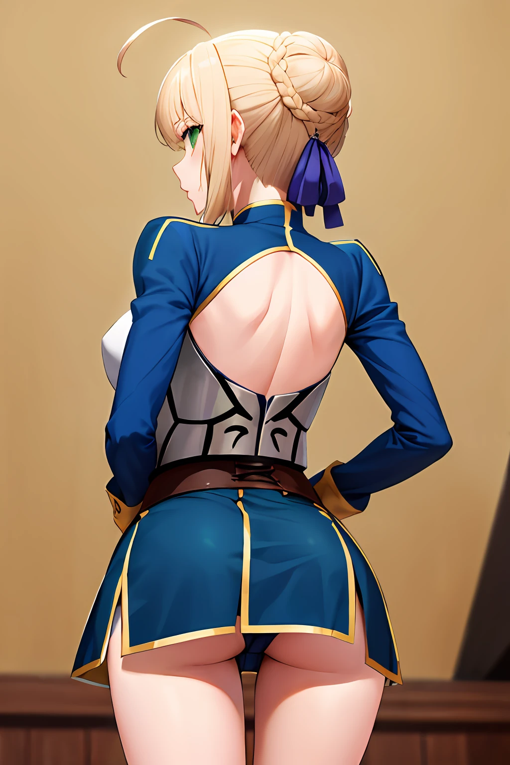 best quality, alto, Aasaber, olhos verdes, Ahoge, Standing, cowboy shot, Calcinha Branca, Back view, ass, vento, bunda pequena, short hair, , no clothes, roupas apertadas, under view, down view, ass view, ass focus