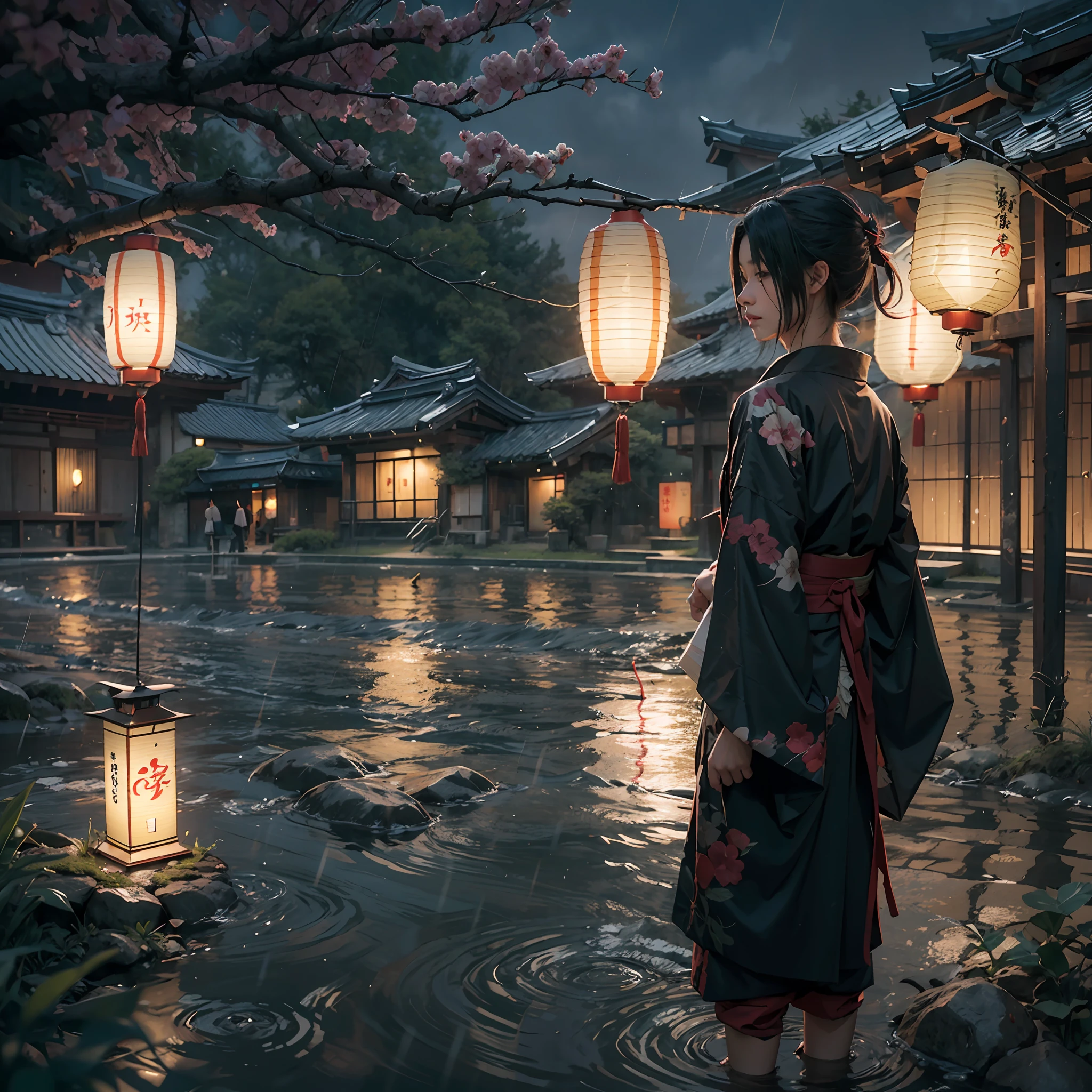 (masterpiece:1.2), best quality,realistic,Tyndall effect, 1boy Itachi uchiha, lantern, rain, solo, japanese clothes, standing, outdoors, night,, paper lantern, black kimono, scenery, water reflections, from behind, wide sleeves, artist name, holding, long sleeves