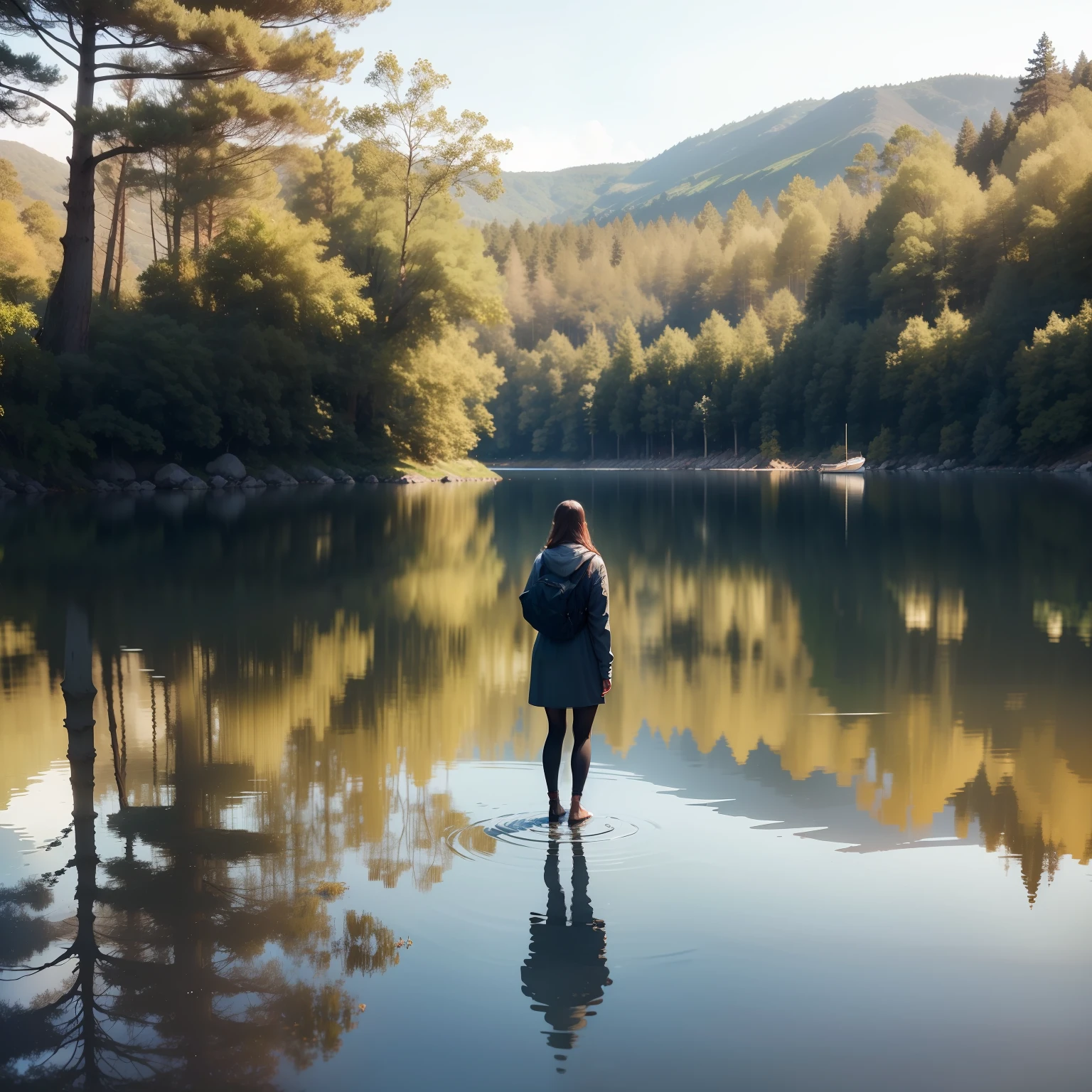 A person standing, facing a serene and clear lake, que reflete a luz do sol poente. The person seems to be in contemplation, com os olhos suavemente fechados, transmitting serenity and connection with nature around you.